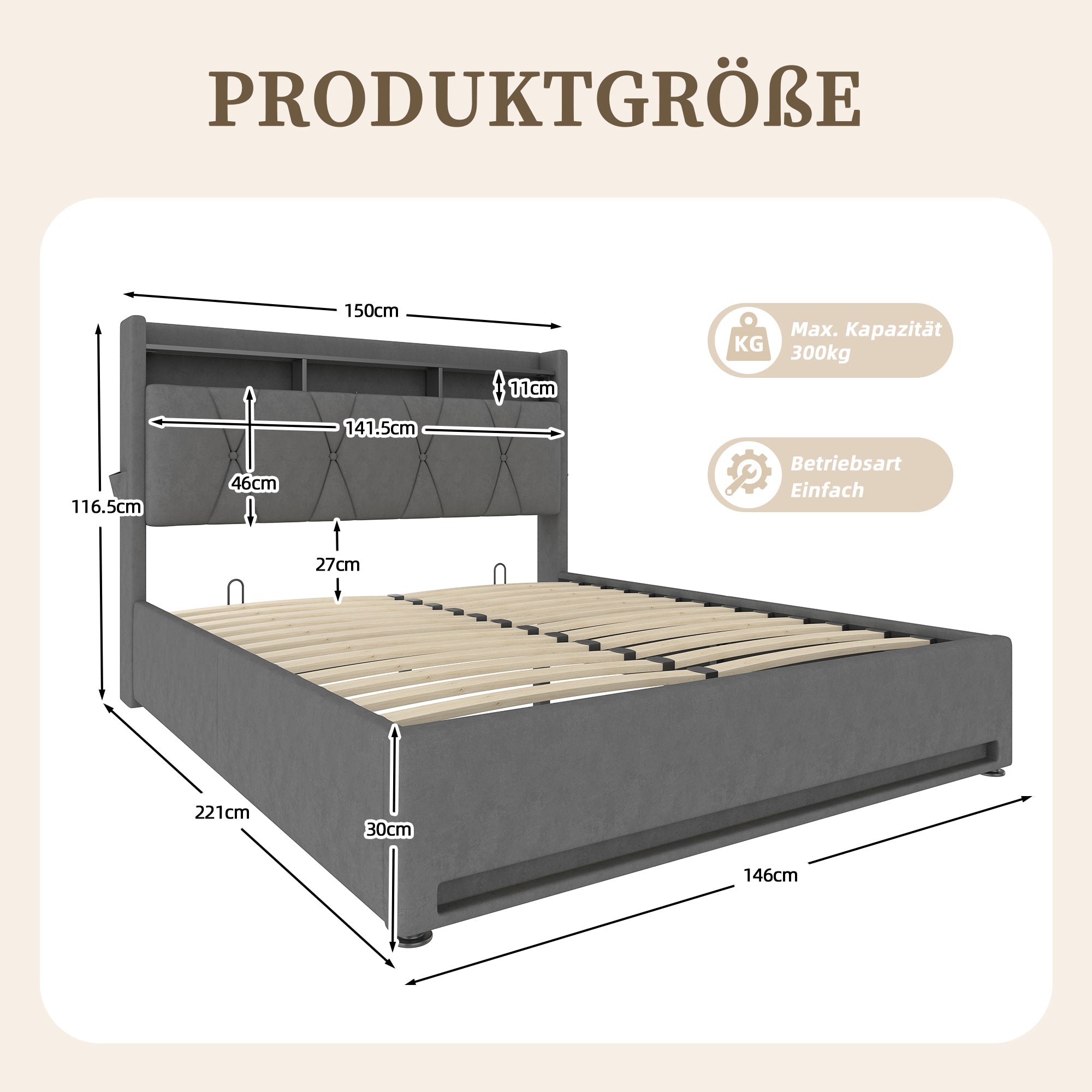 Upholstered Bed Frame 140x200cm, LED, USB-C Charging, Hydraulic Storage Headboard, Grey