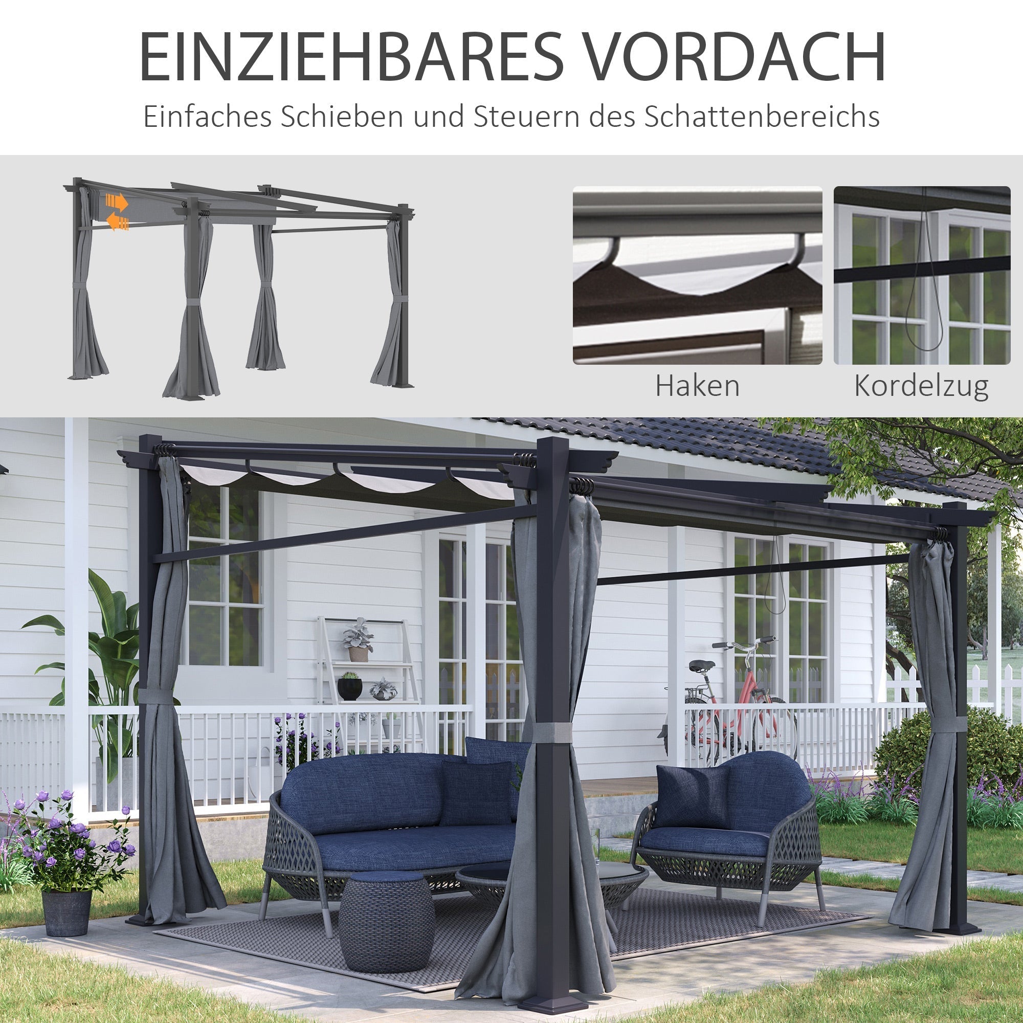 Pergola 2.97 x 2.95 m Water-Repellent Sunshade Side Panels Patio Cover, Dark Grey Polyester