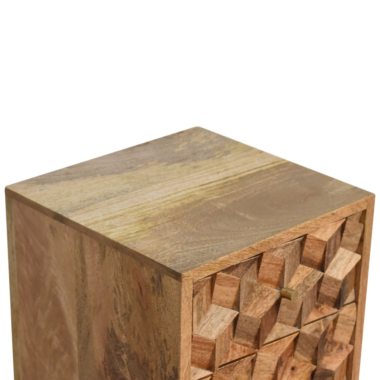 Solid Wood Mini Cube Carved 2 Drawer Bedside, Brown