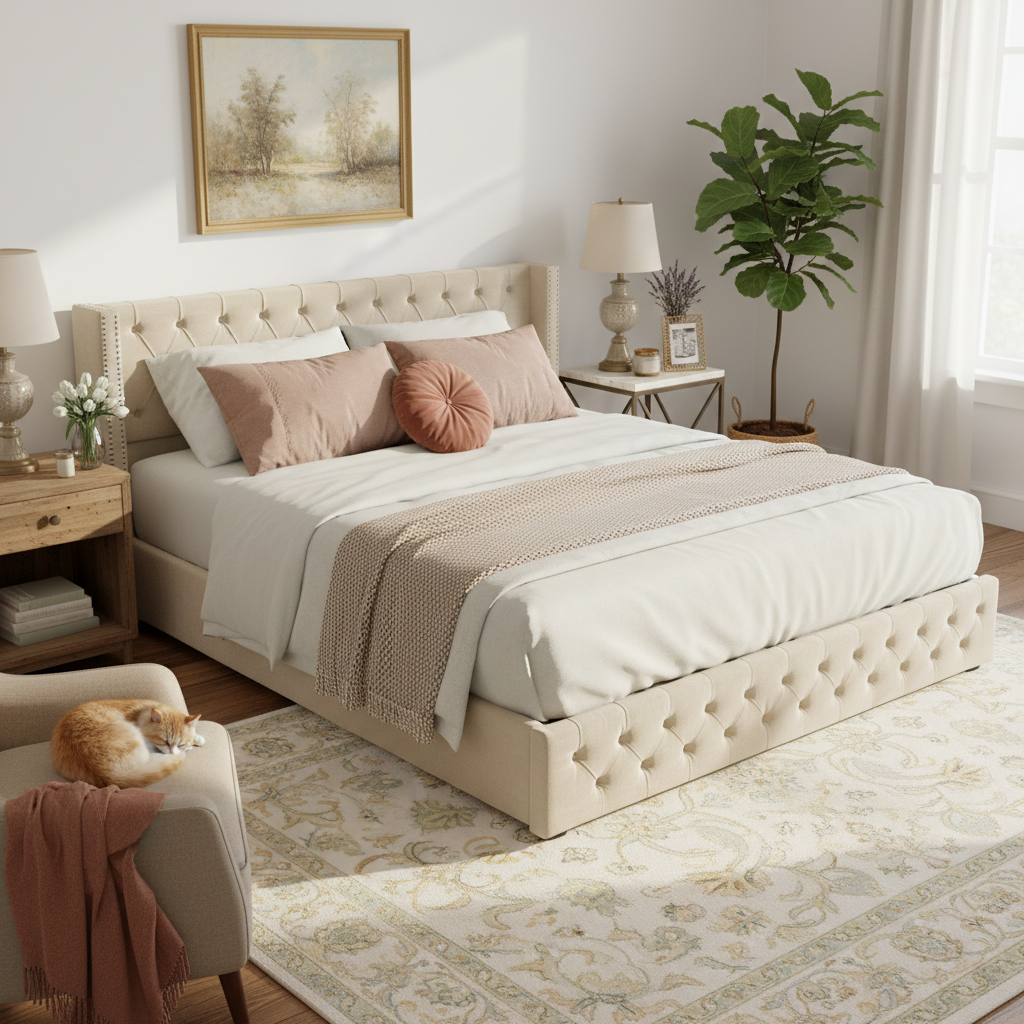 Upholstered Bed 140x200cm Hydraulic Storage Ear Shape Studs Button Tufted - Velvet Beige