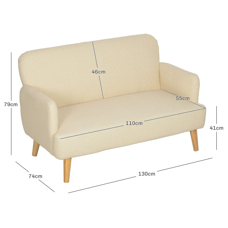 Velvet Feel 2 Seater Sofa, Small Loveseat with Wood Legs, Cream White Fabric