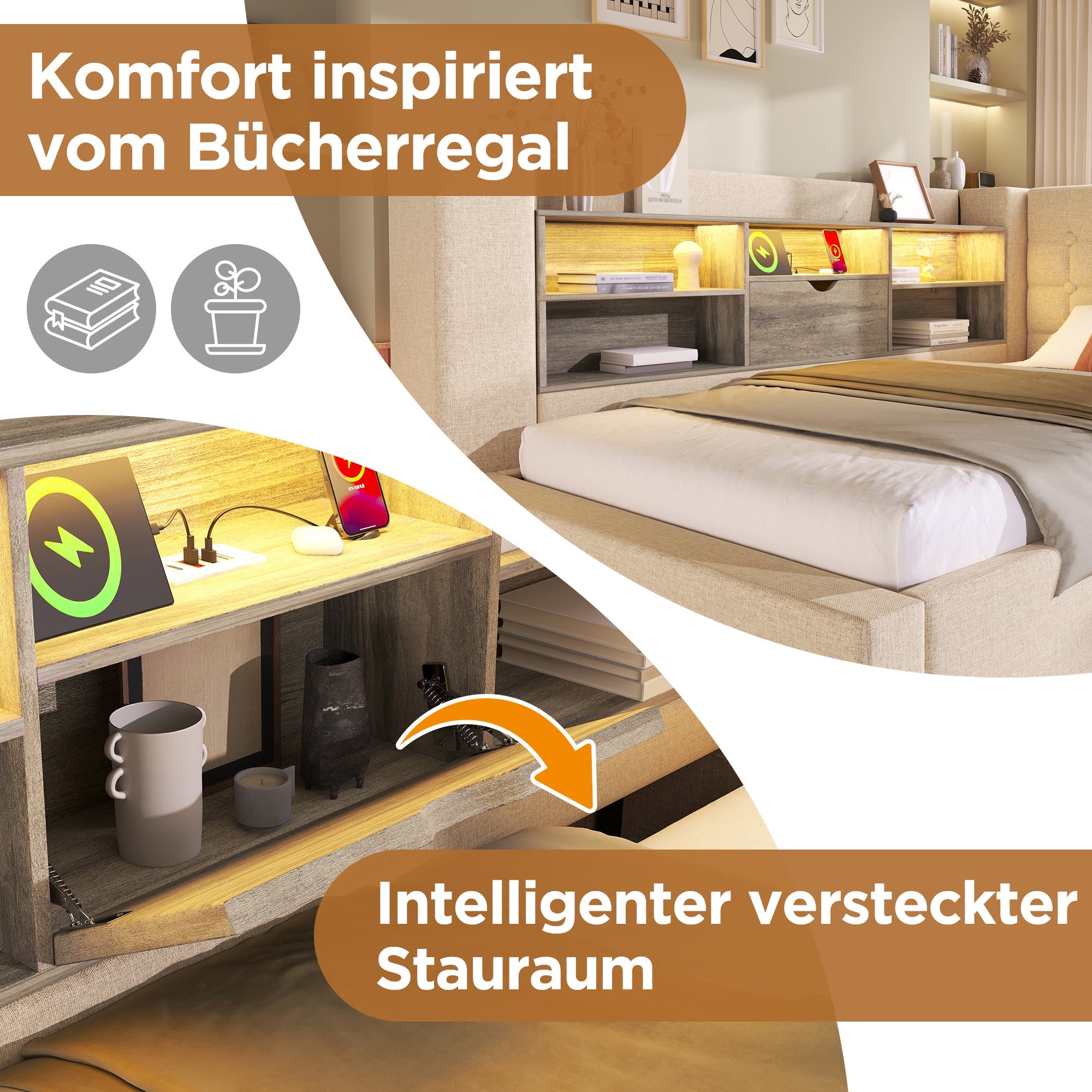 Upholstered Single Bed with LED, Hydraulic Storage and L-Shaped Headboard, 90x190cm, Beige Linen Fabric