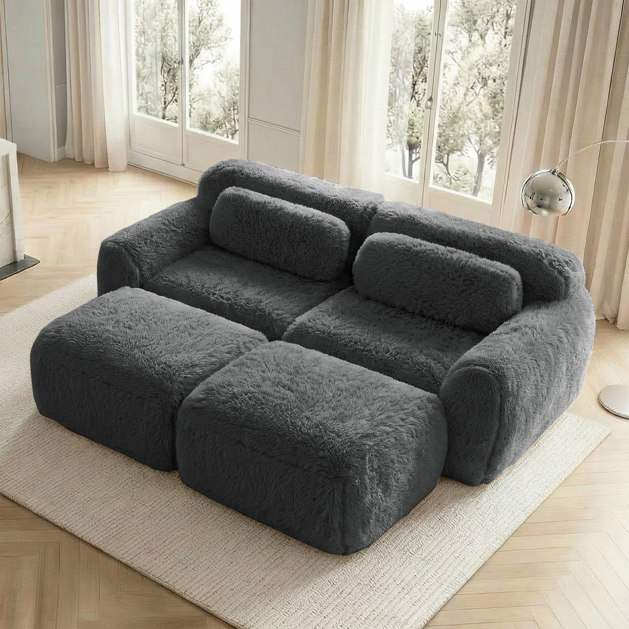 Boneless Cloud Modular Sleeper Sofa 2 Ottomans Plush Fabric - Grey