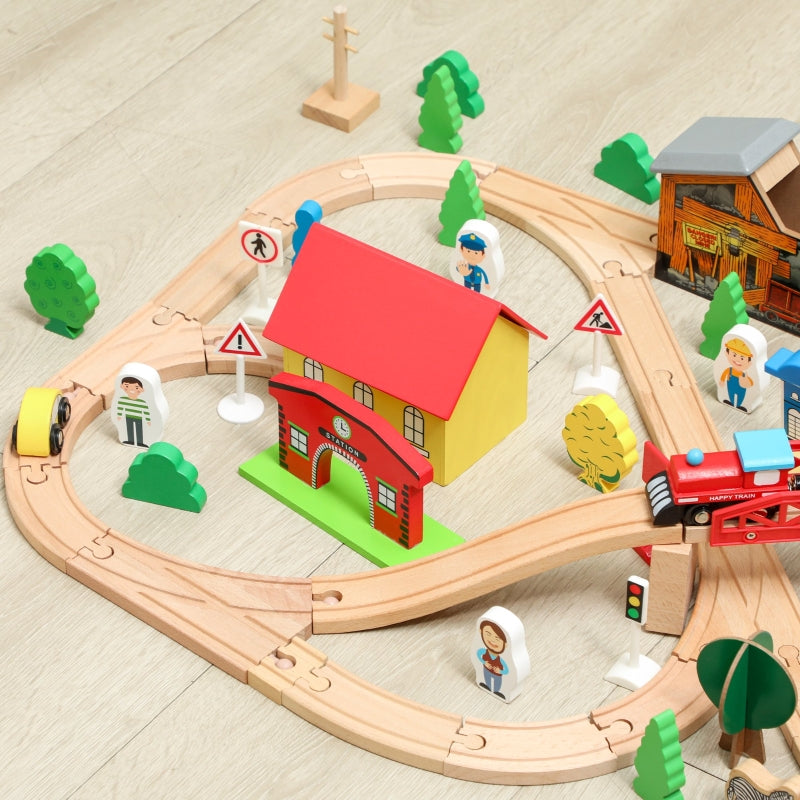 Play Table 108-Piece Wooden Train Set Removable Tabletop - Blue