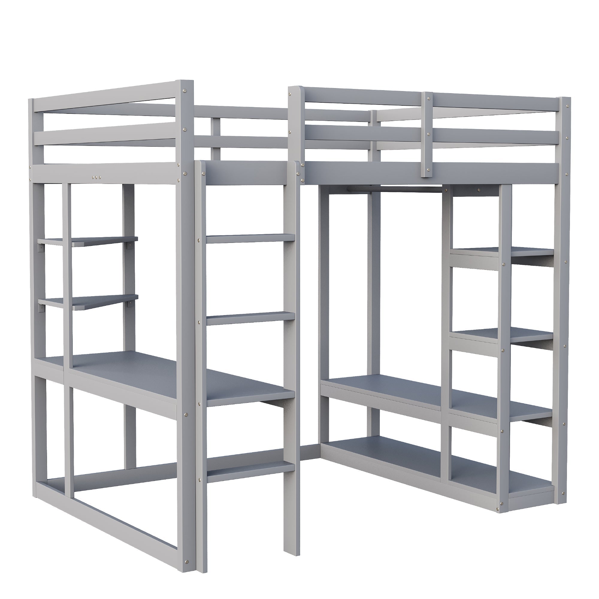 Loft Bed with Ladder, Table & Shelves, 140x200 cm, Solid Wood Grey