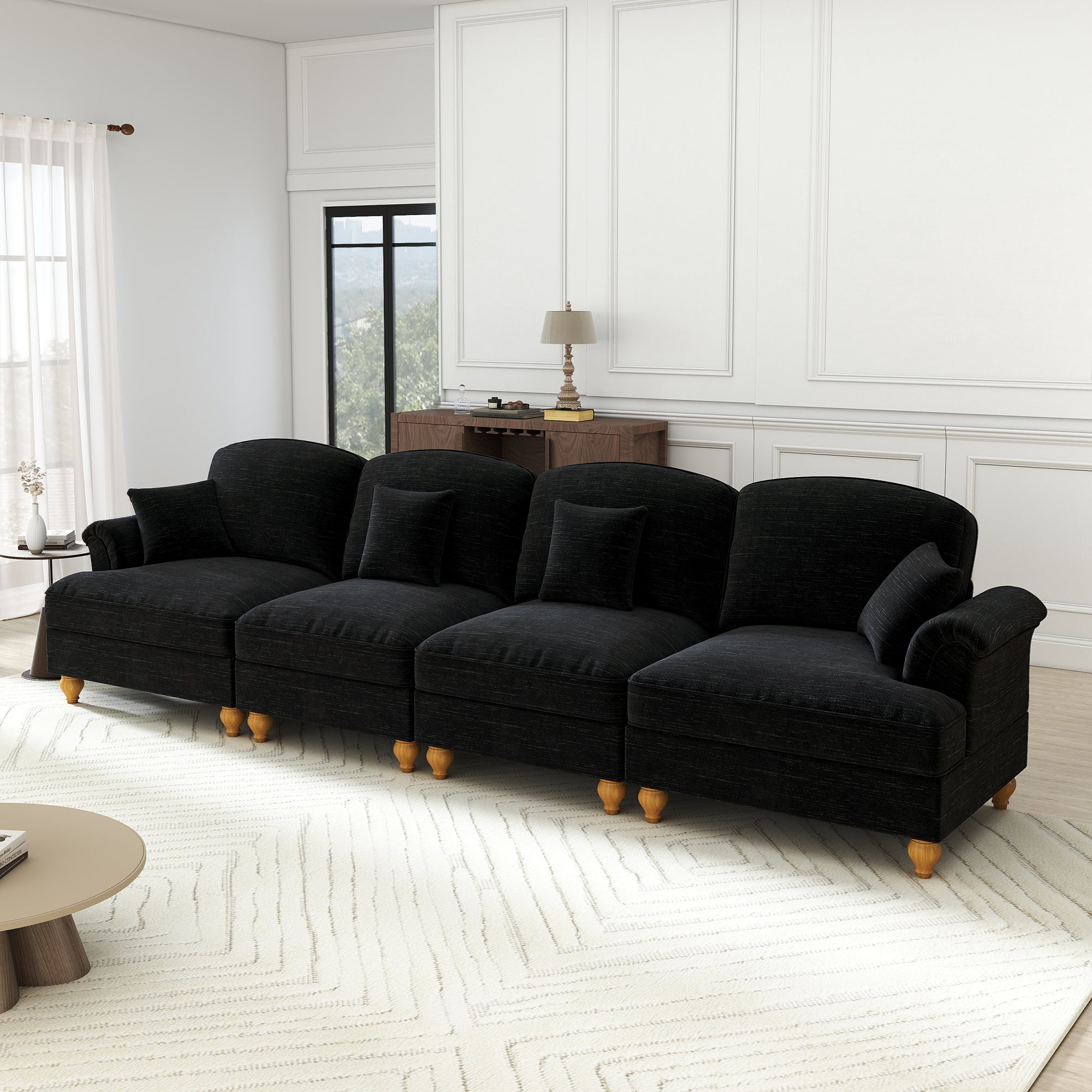 4-Seater Sofa Mid-Century Chenille Spindle Legs - Black