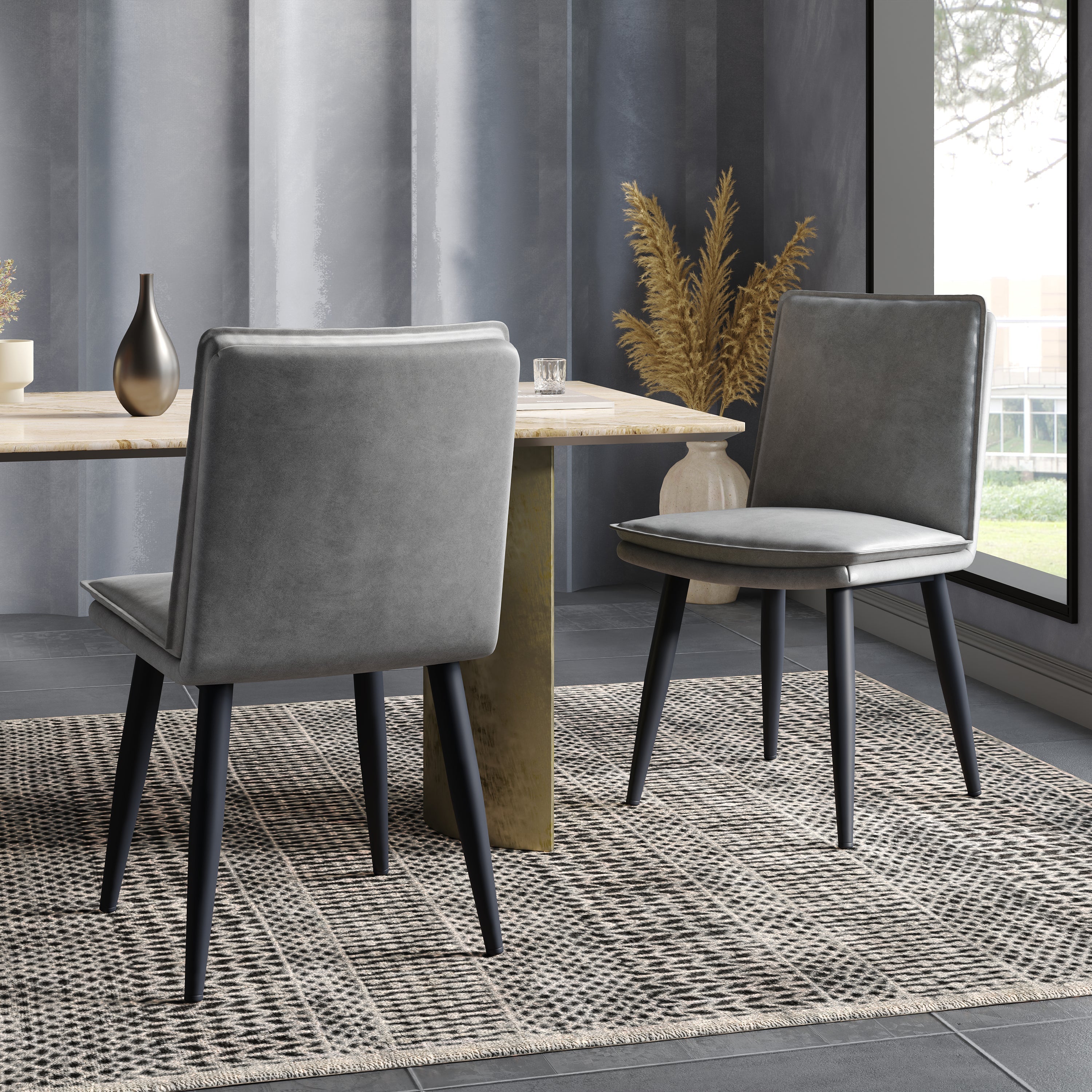 6 Dining Chairs Modern PU Double-Cushion Set - Grey PU