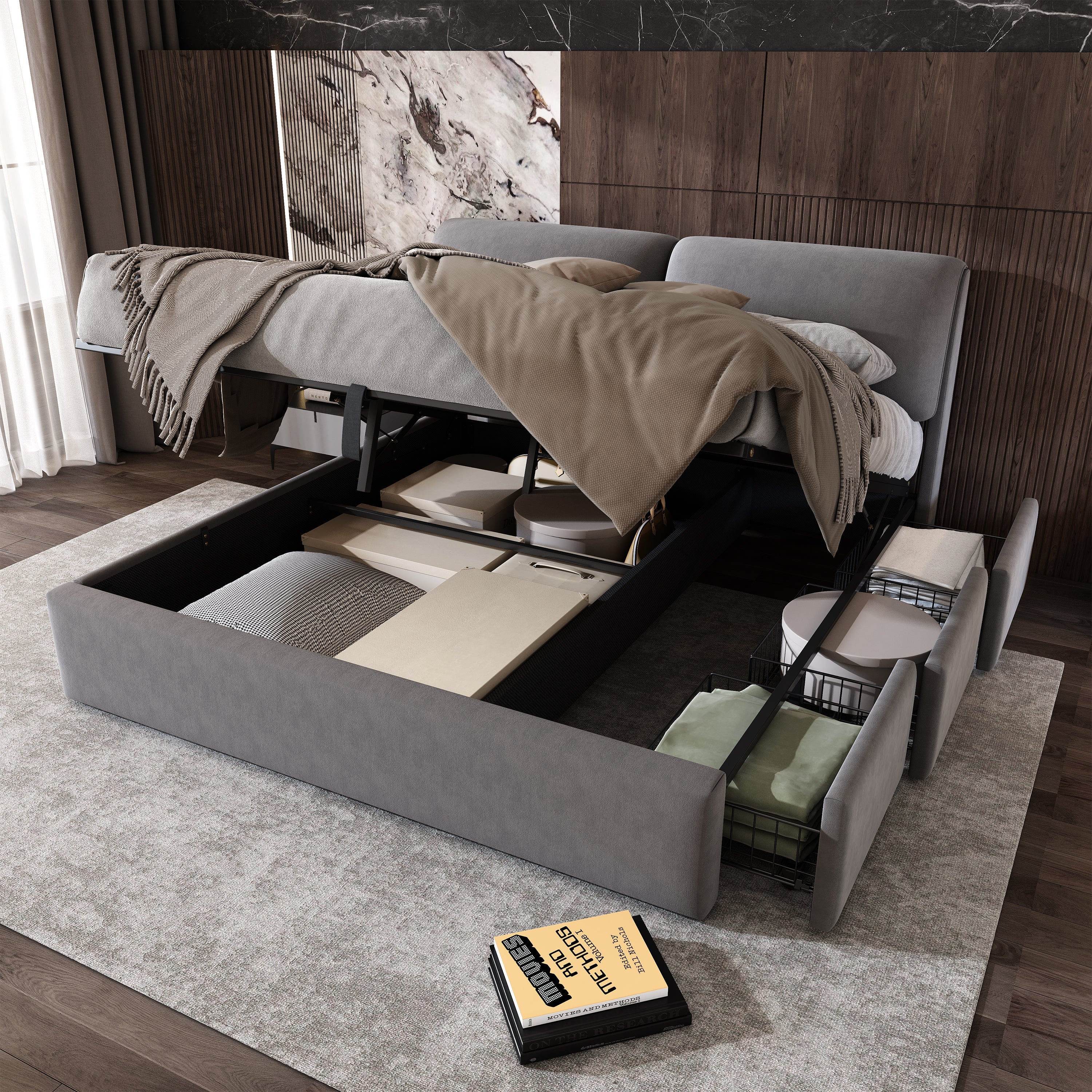 Upholstered Bed with Hydraulic Storage and 3 Drawers, 180x200cm, Grey Velvet