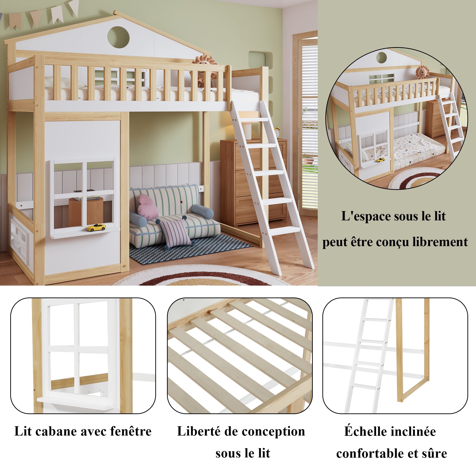 Bunk Bed, House Bed with Stairs & Rails, Pine+MDF, White+Natural