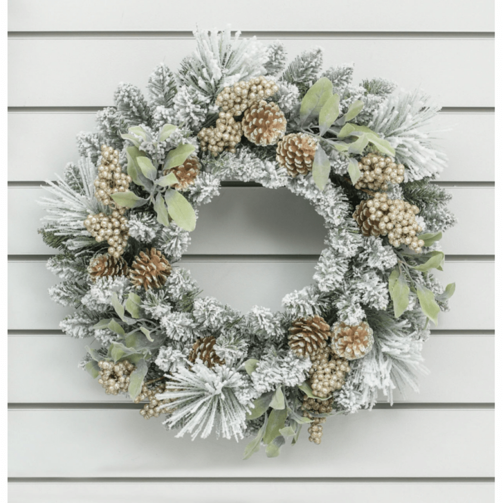 60cm Flock Pine/Cone Wreath Gold - Rathwood Store
