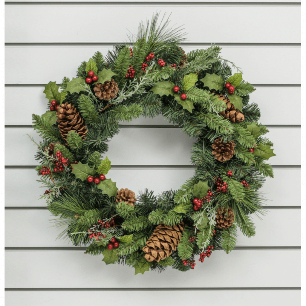 60cm Large Cone/Holly Wreath - Rathwood Store
