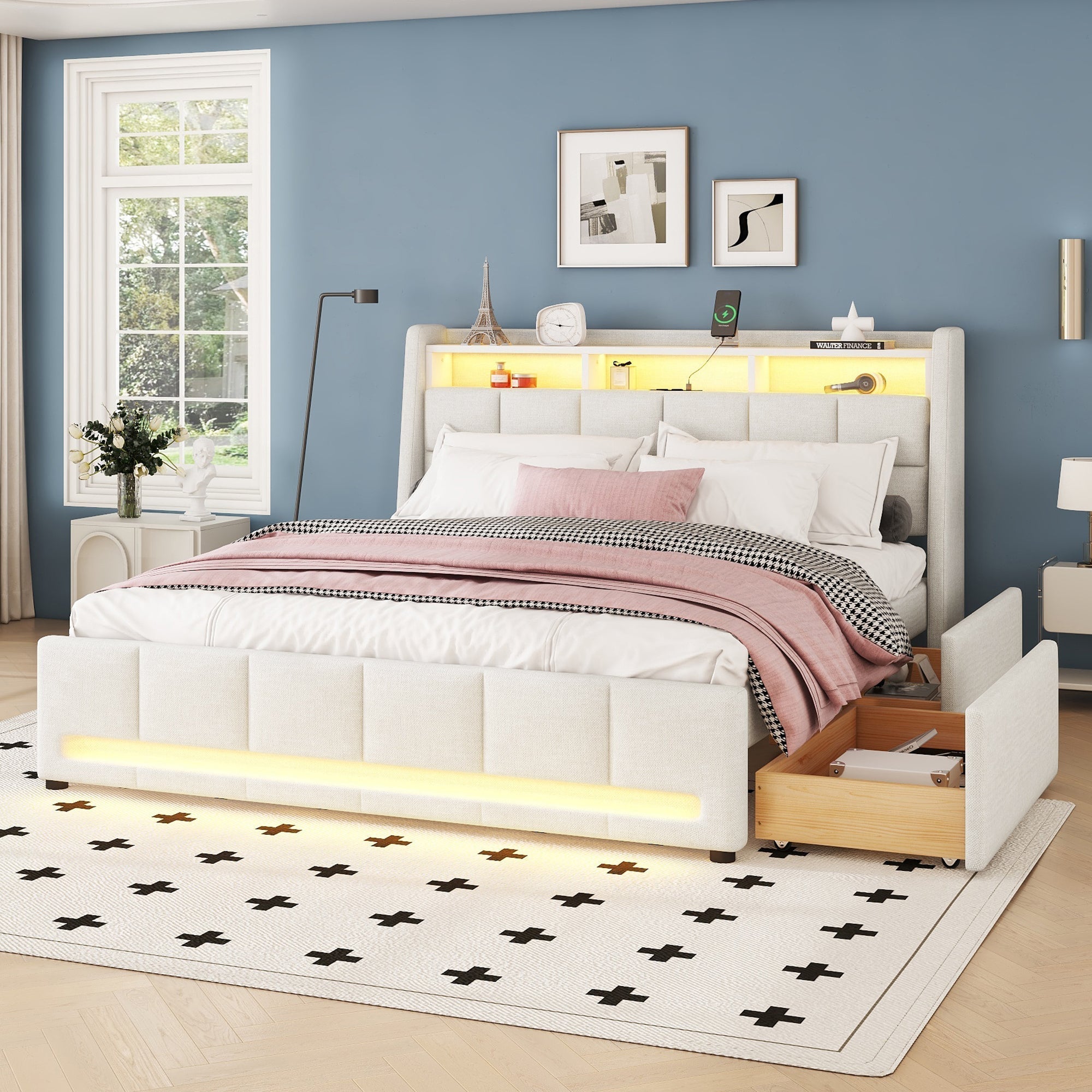 Upholstered Bed 140x200cm App Control LED Drawers USB/Sockets - Linen Beige