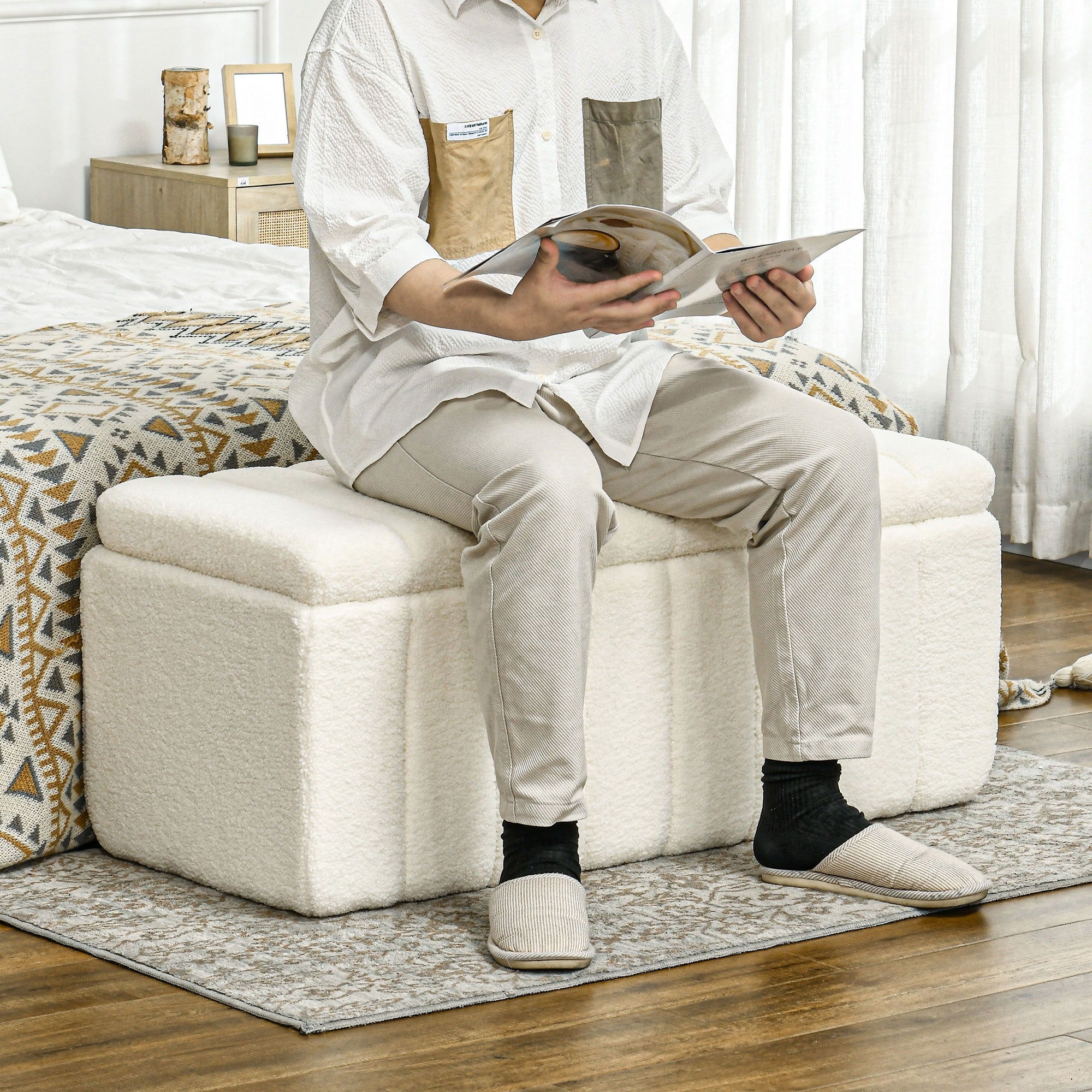 Bench with Storage, Upholstered, Wooden Legs
