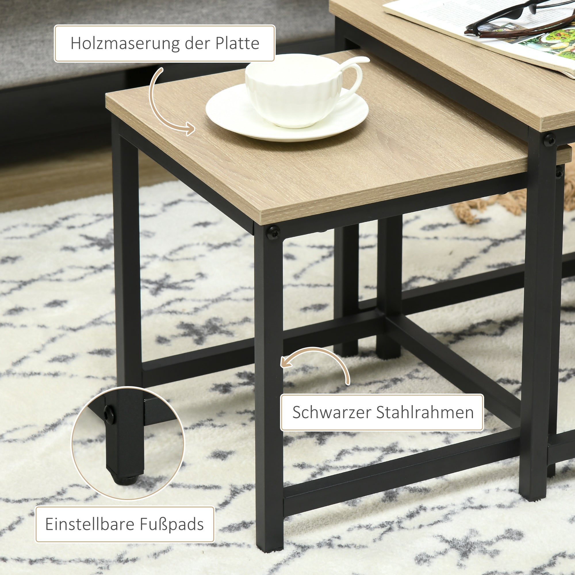 Set of 3 Coffee Tables Nesting Steel Frame Wood Look, Natural