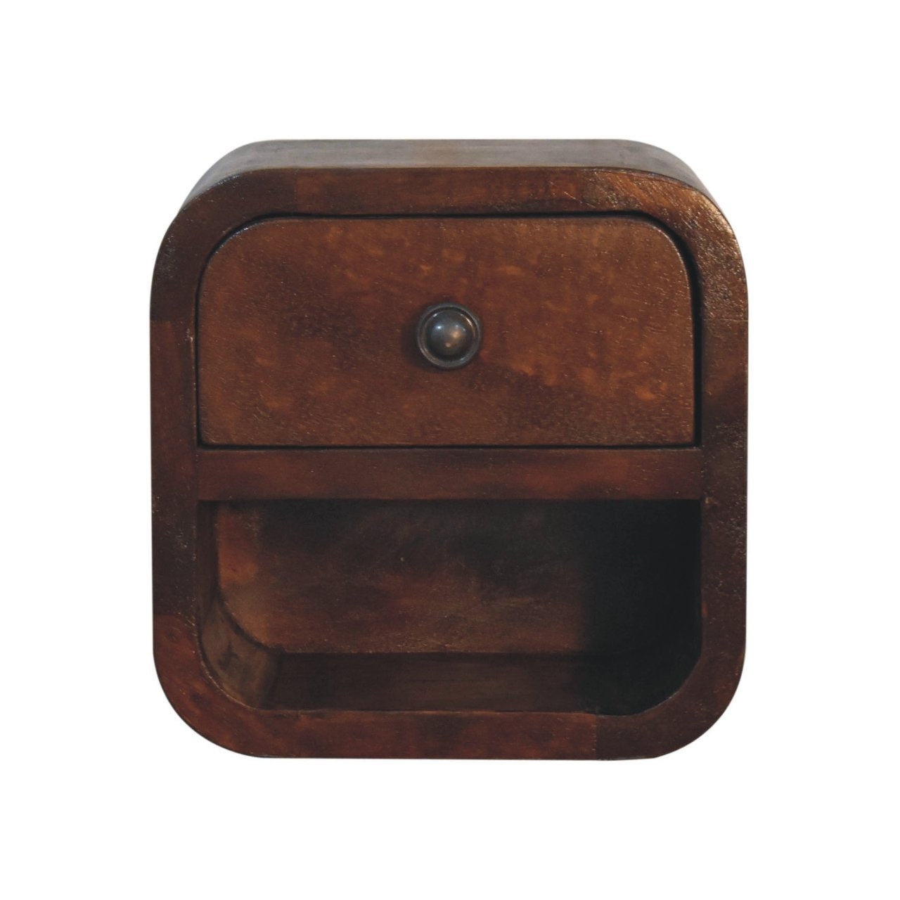 Solid Wood Extra Mini Curved Bedside, 1 Drawer and Open Shelf, Dark Brown
