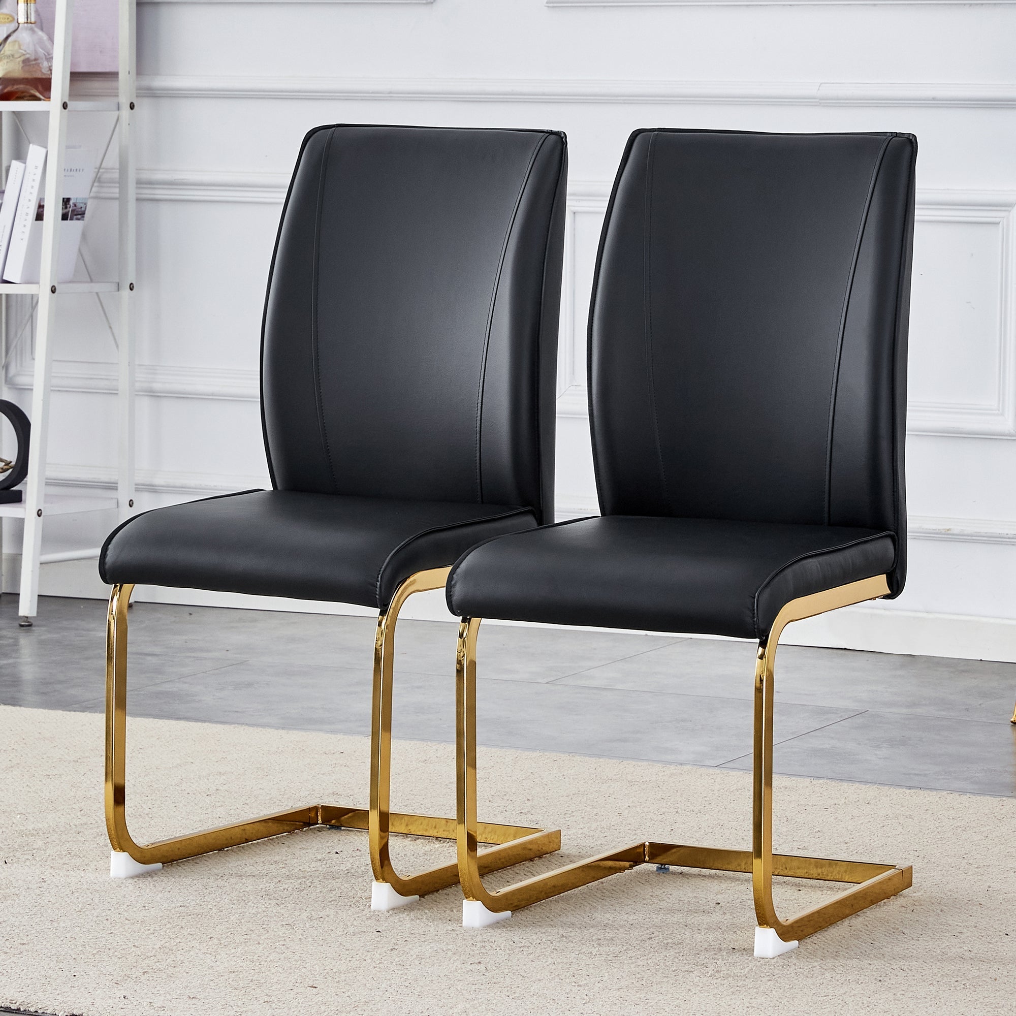 Chair Set 2-Piece Elegant Comfort PU Seat - Black/Gold Metal Legs
