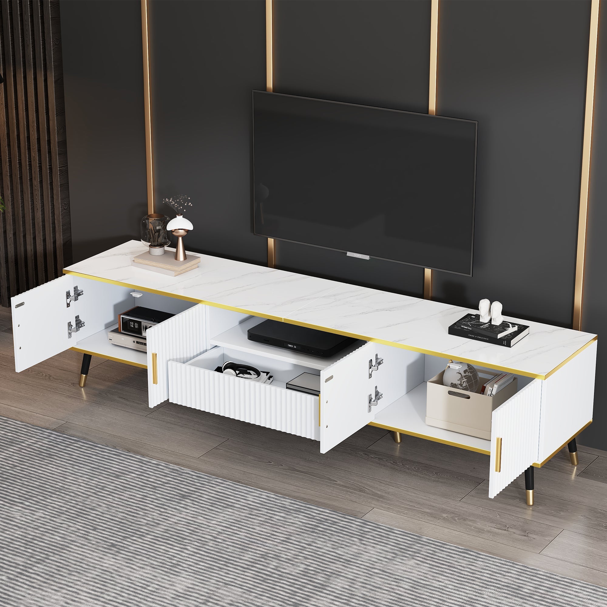 TV Cabinet, Modern Low with Marble Look, 200x40x46cm