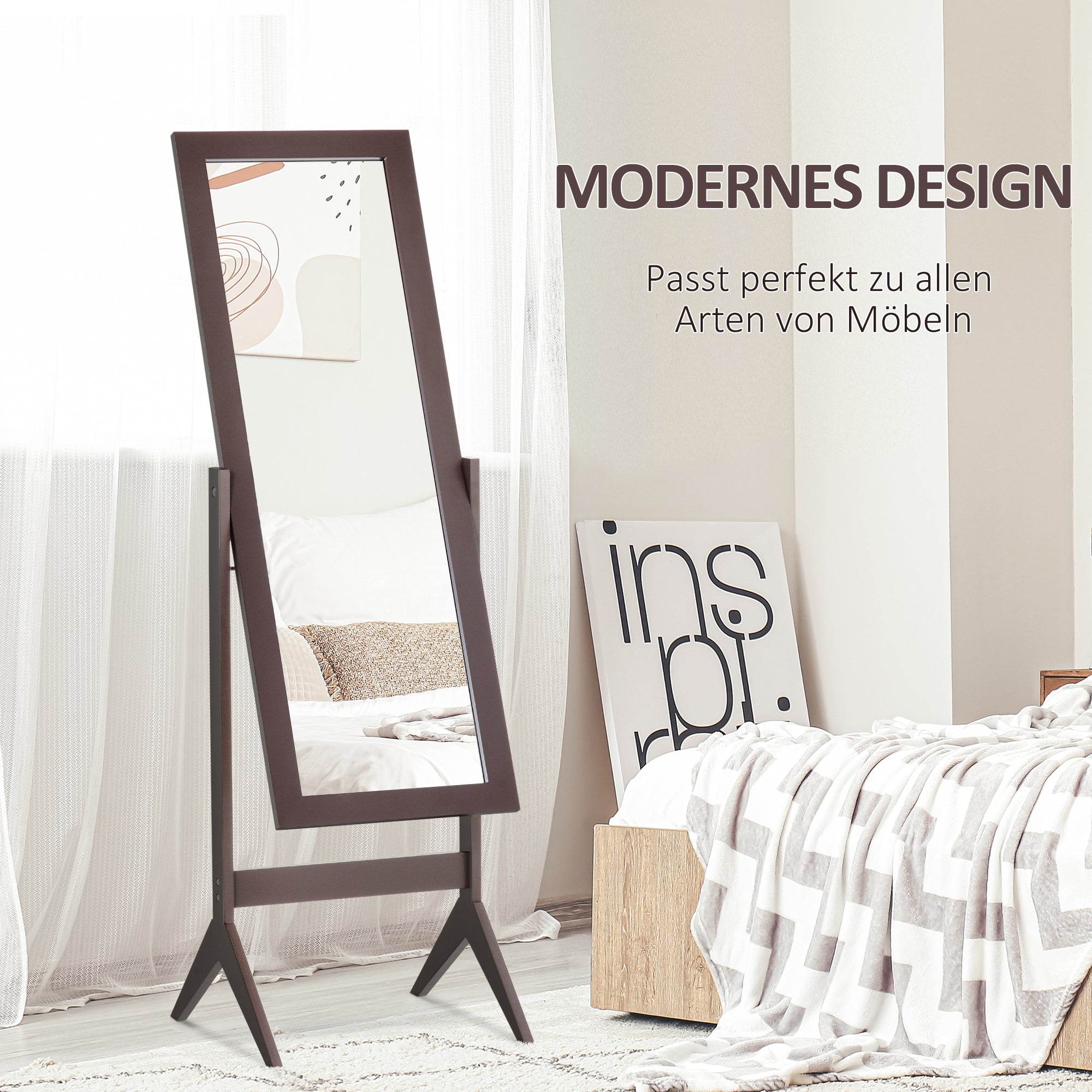 Standing Mirror Full Length Vanity Elevated Feet, MDF Coffee