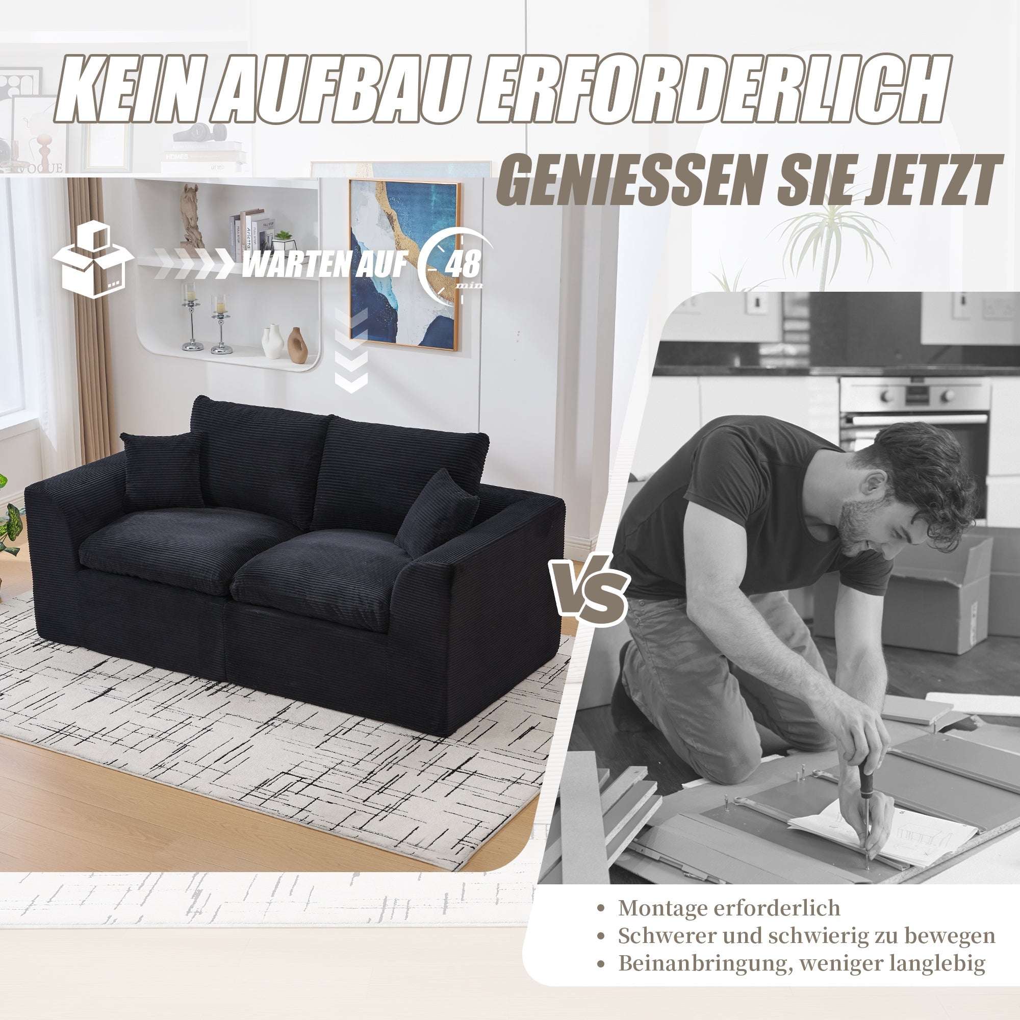 Modern Two-Seater Sofa, Nordic-Style Comfortable with Cushions, Fabric