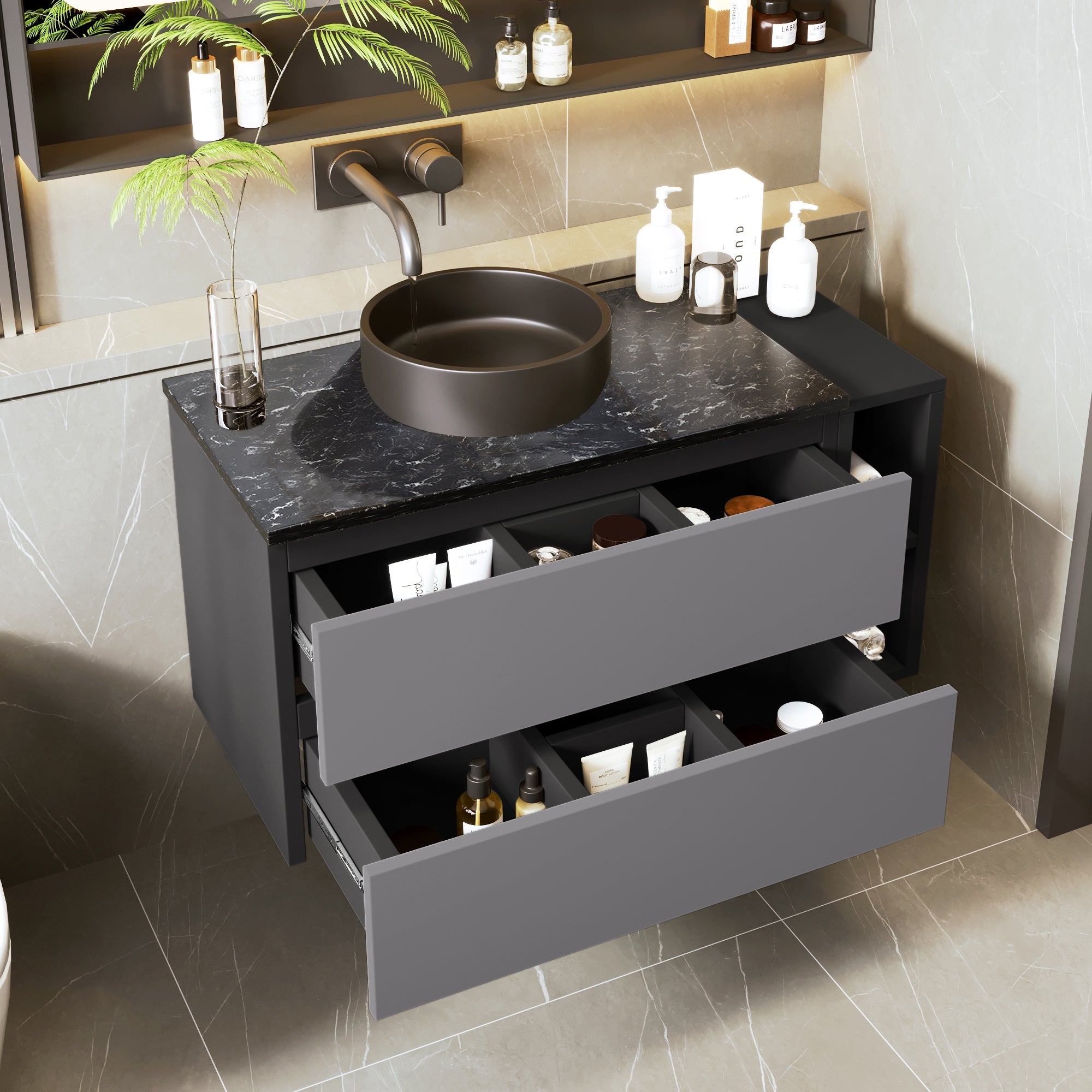 Wall-Mounted Vanity Unit 80cm Wide Ceramic Sink Drawers, Black/Grey