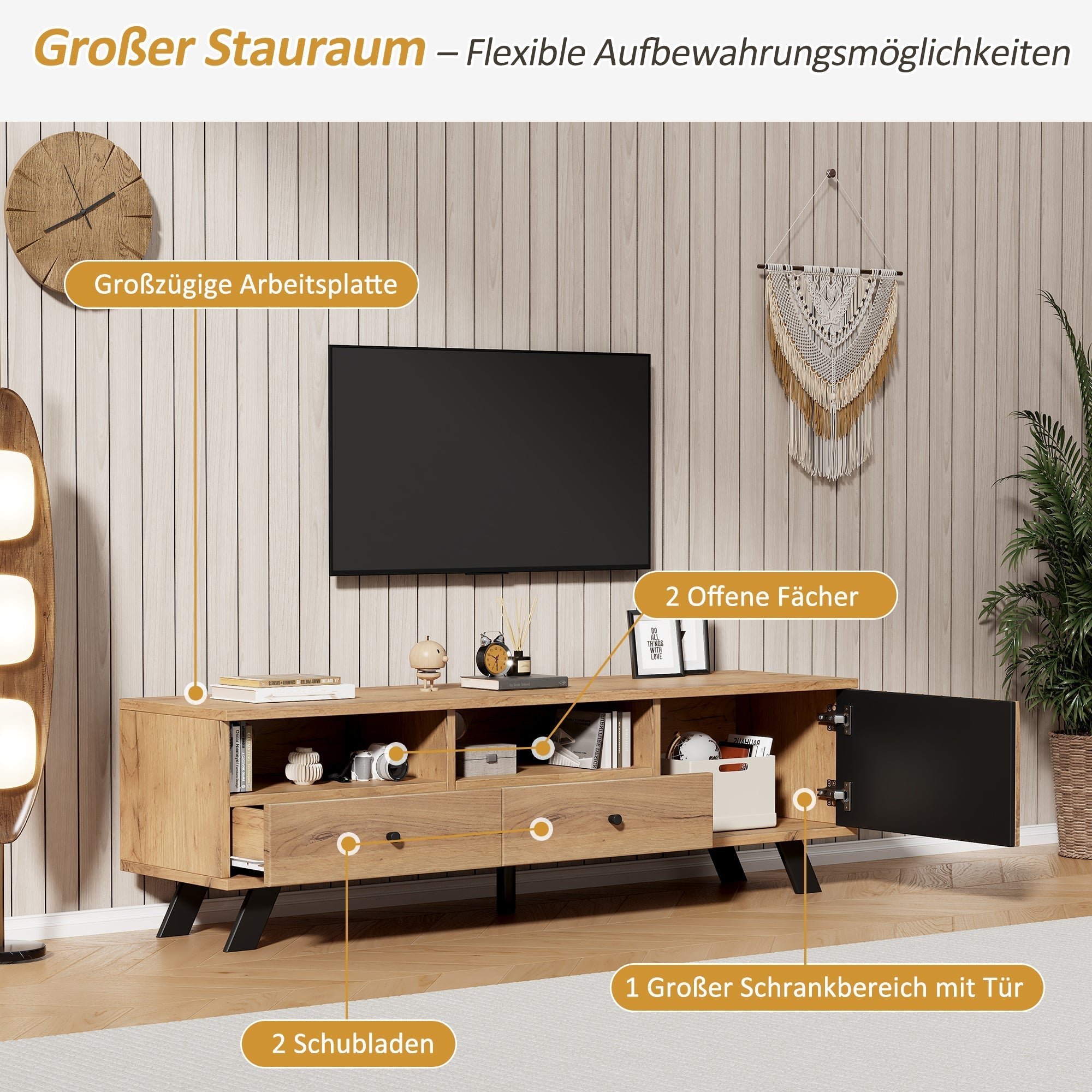 Living Room Combination, 120cm Sideboard + 150cm TV Cabinet, 5-Tier Storage, Solid Black Wood
