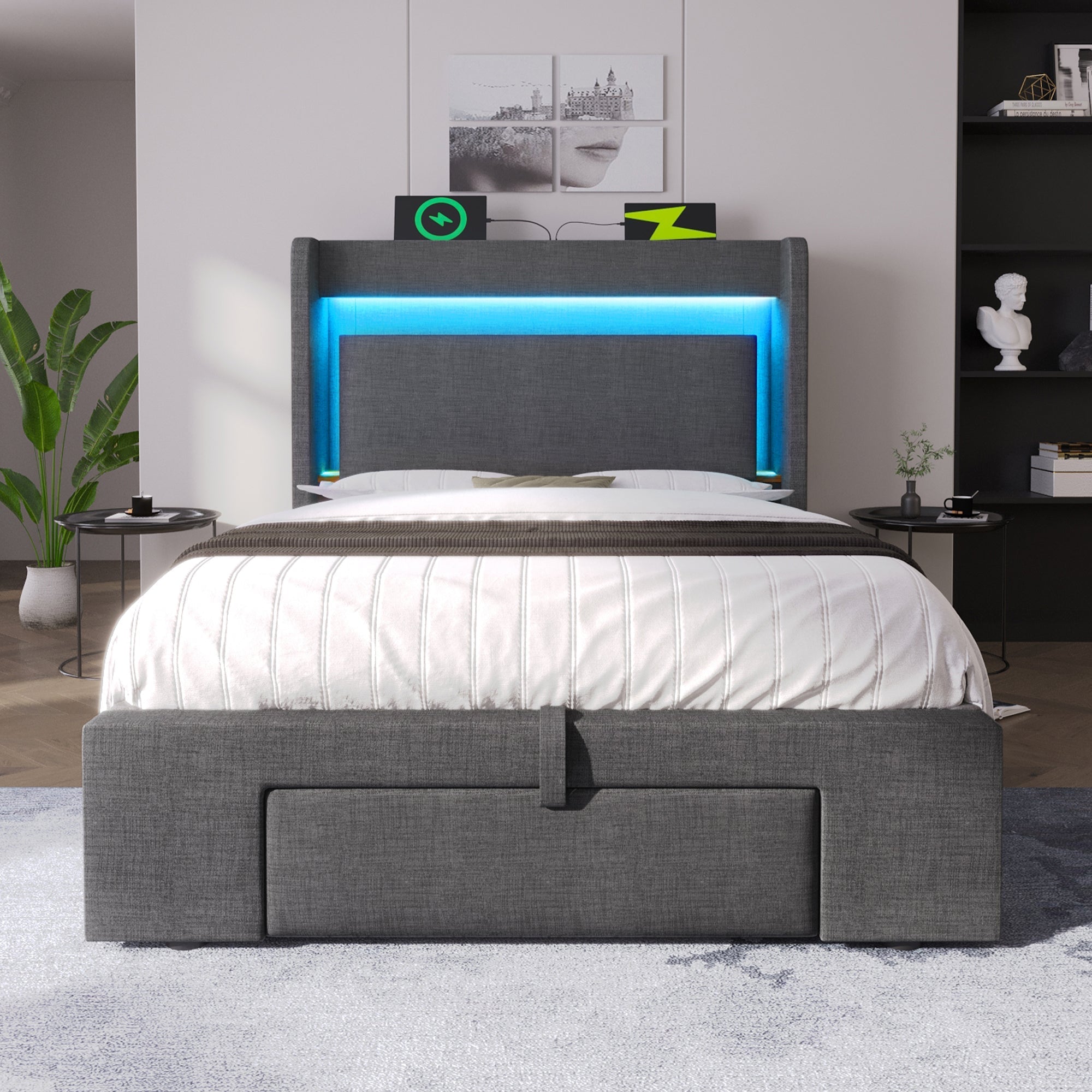 Upholstered Bed 90x200cm Hydraulic Storage Headboard LED USB/Type-C Ports Linen Grey (With Mattress)