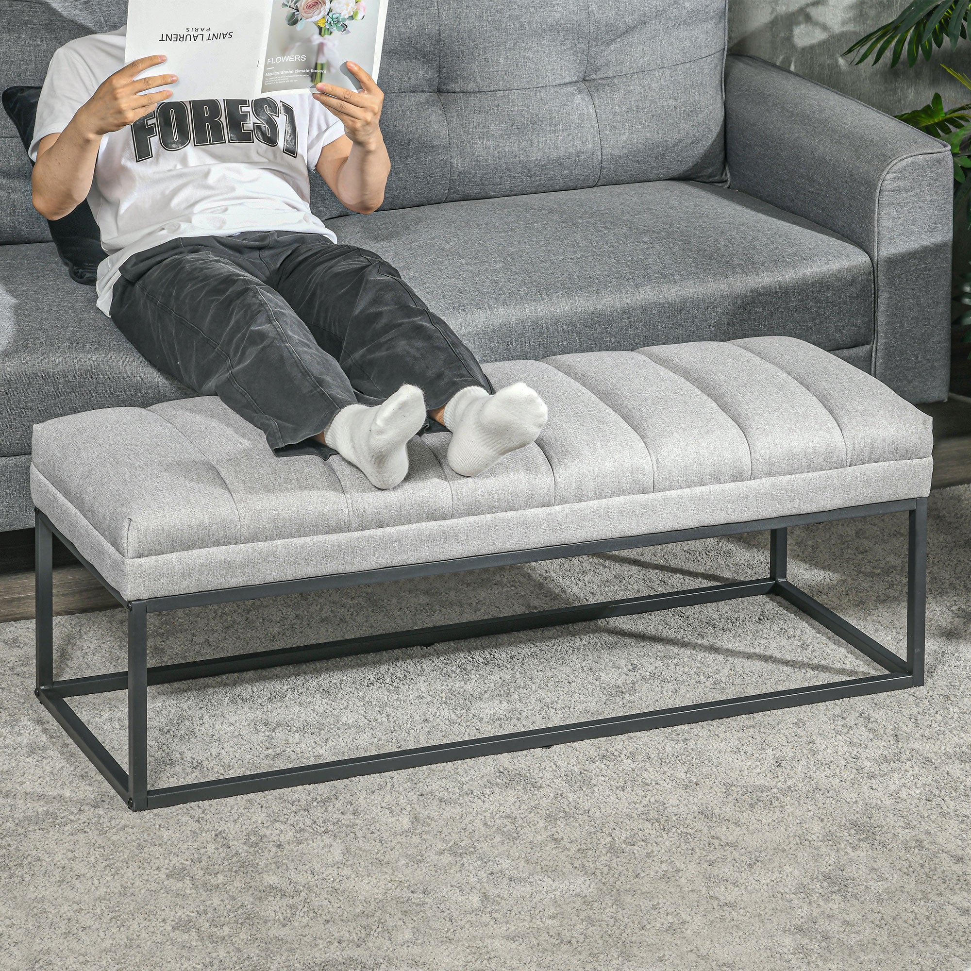 Linen look upholstered bench for bedroom, bed bench, dressing table, 200 kg, light grey steel