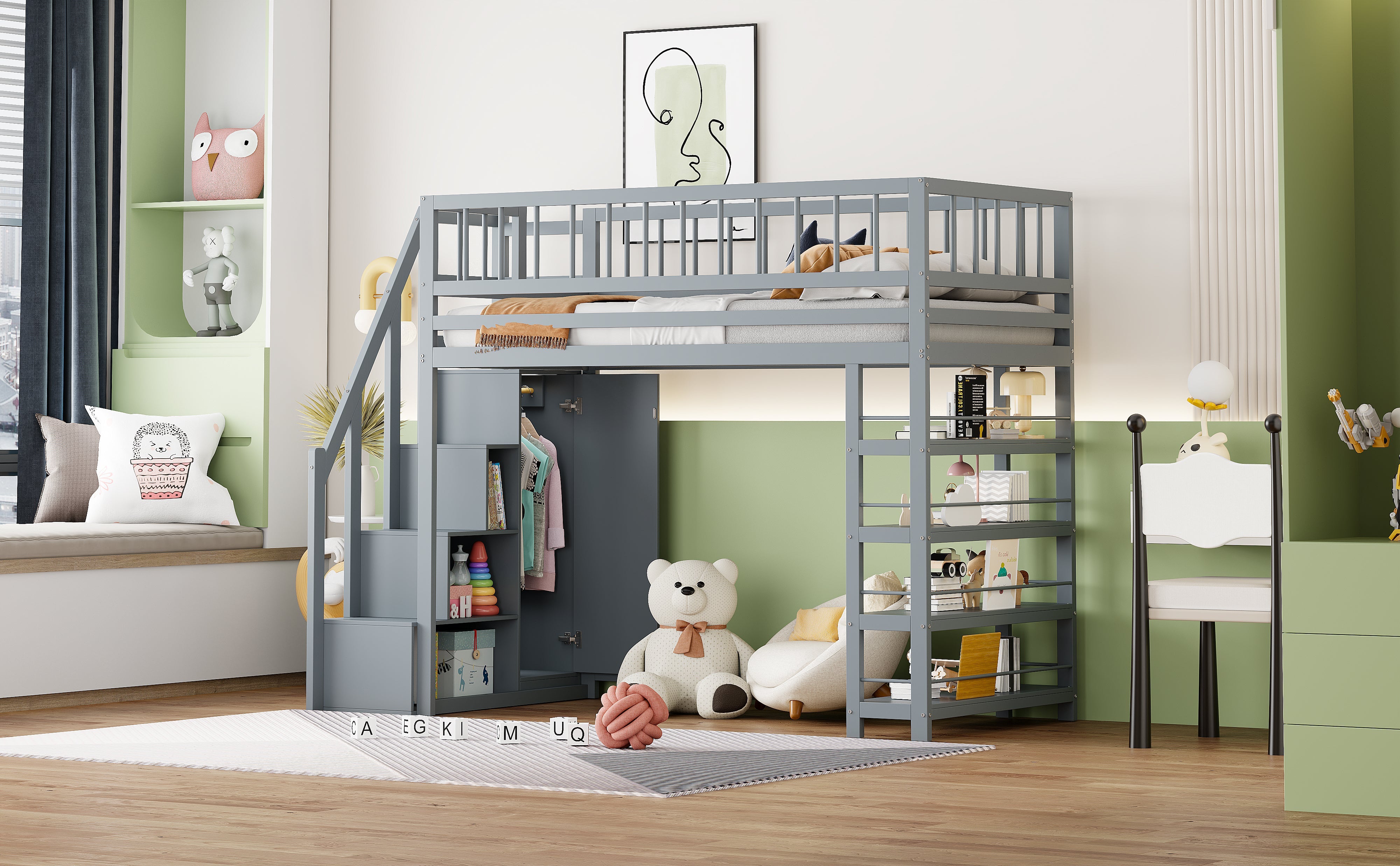 Loft Bed, 90 x 200, Wardrobe, Shelves, Storage, Safety Ladder, Solid Wood, Grey