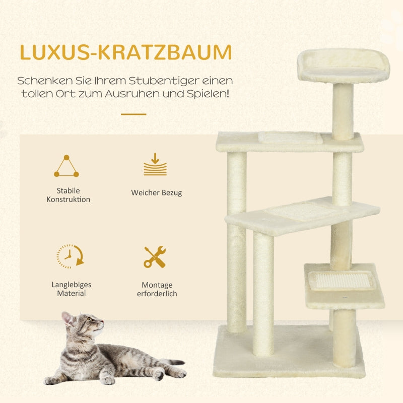 Kratzbaum 100 cm, Sisalstämme, Große Plattform, Mehrere Ebenen, Beige
