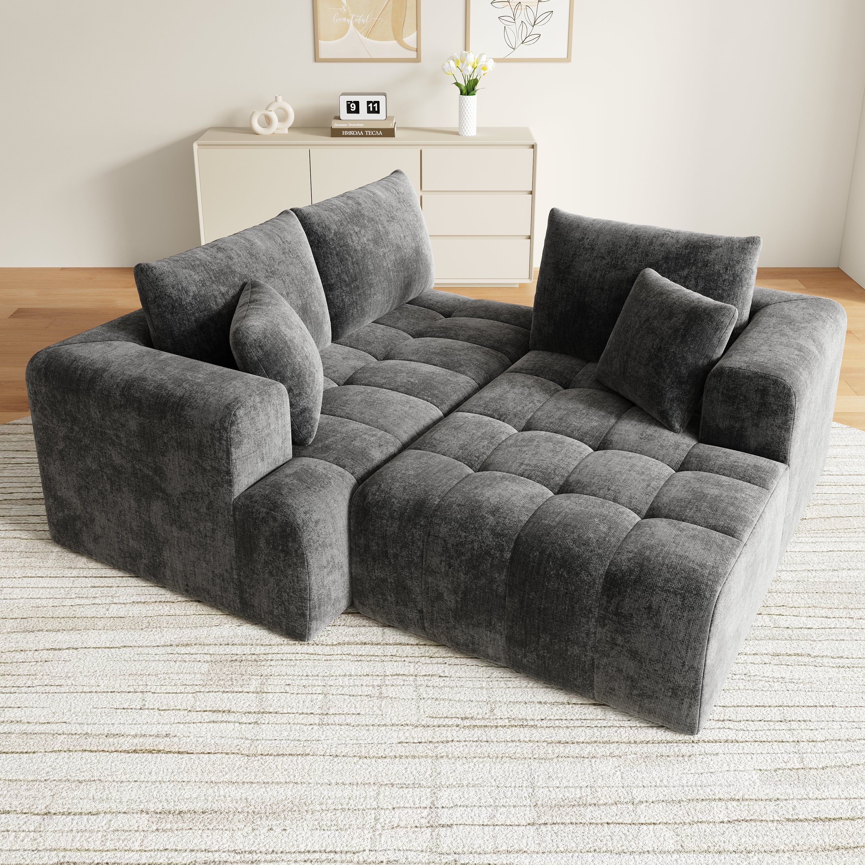 Modular L-shaped Corner Cloud Sofa, Frameless Low-Profile Design, Gray Chenille Fabric