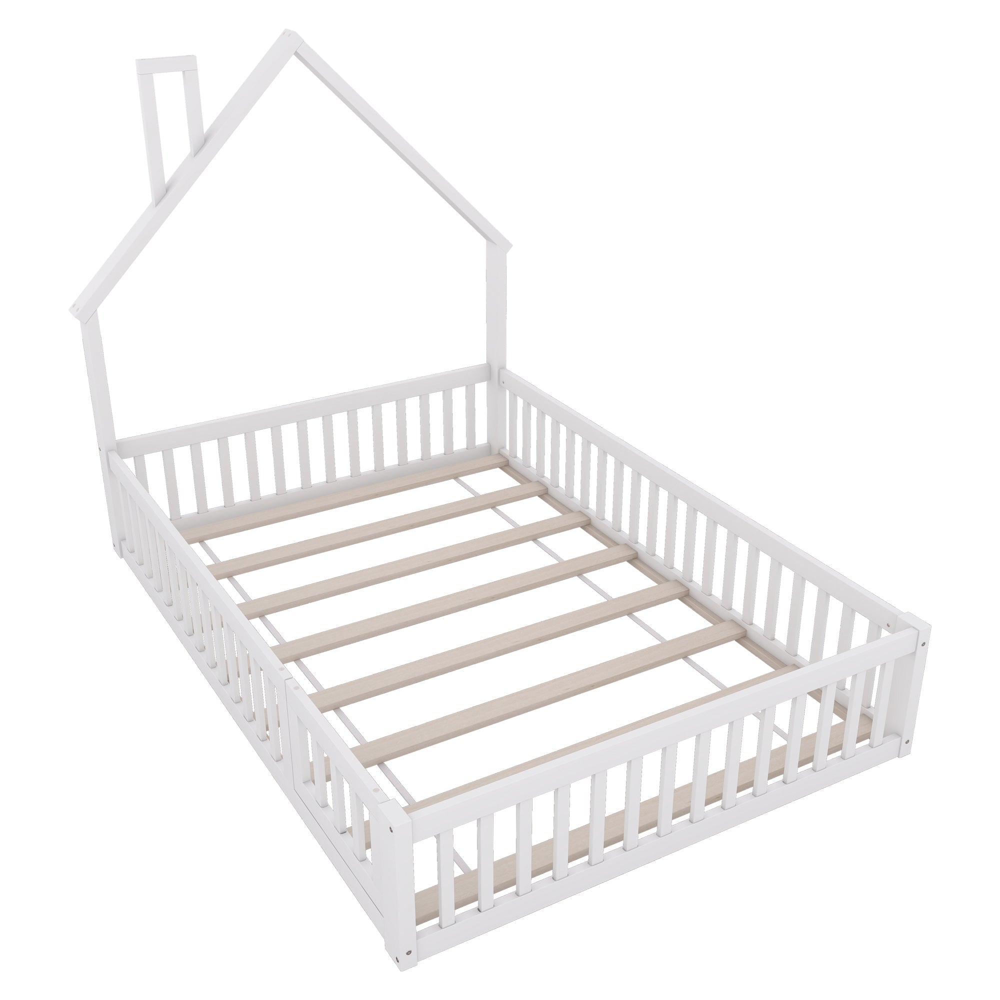 Children's House Bed 140x200cm Chimney Shape Slatted Base Pine Wood White