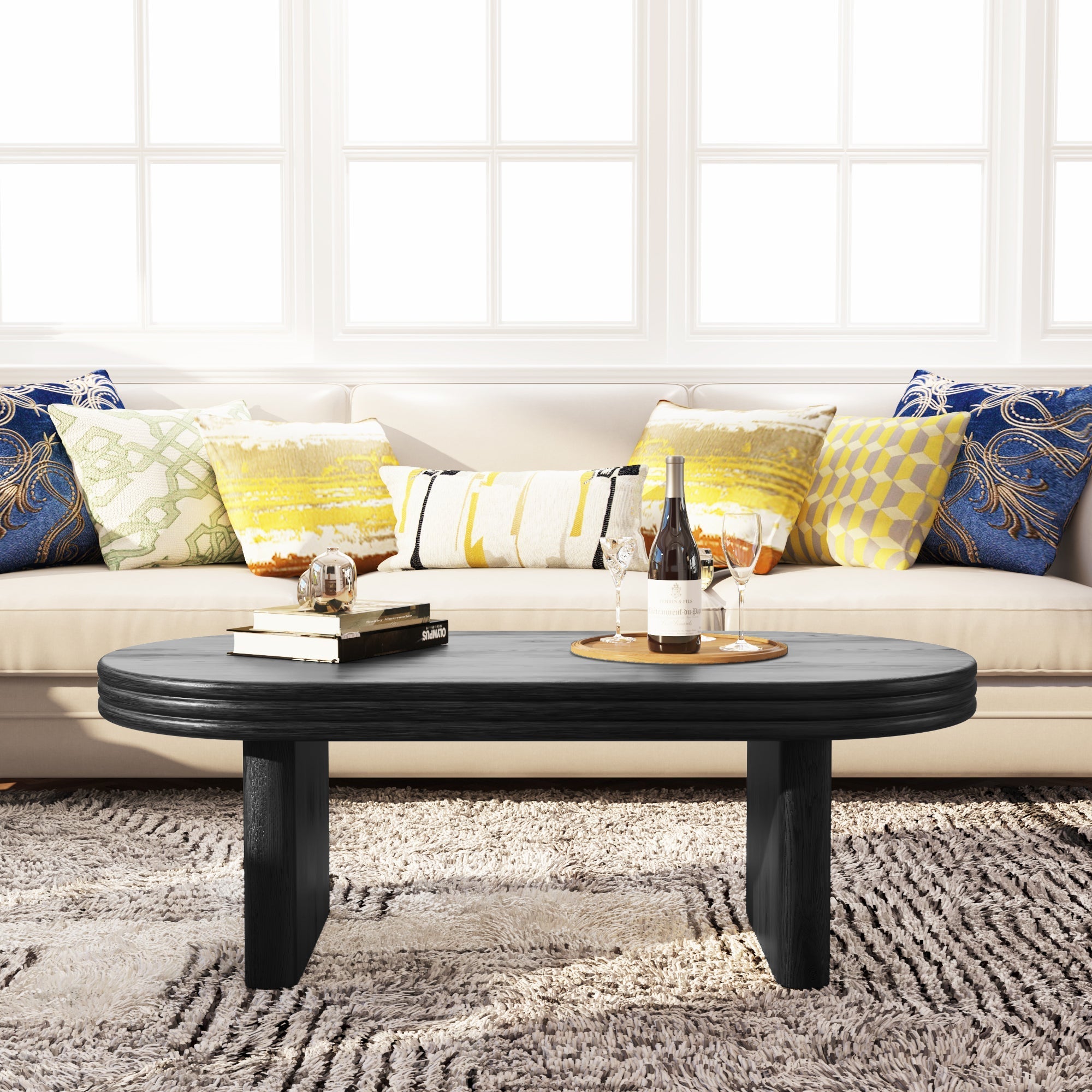 Mid Century Modern Oval Fluted Coffee Table Rustic Wood - Black