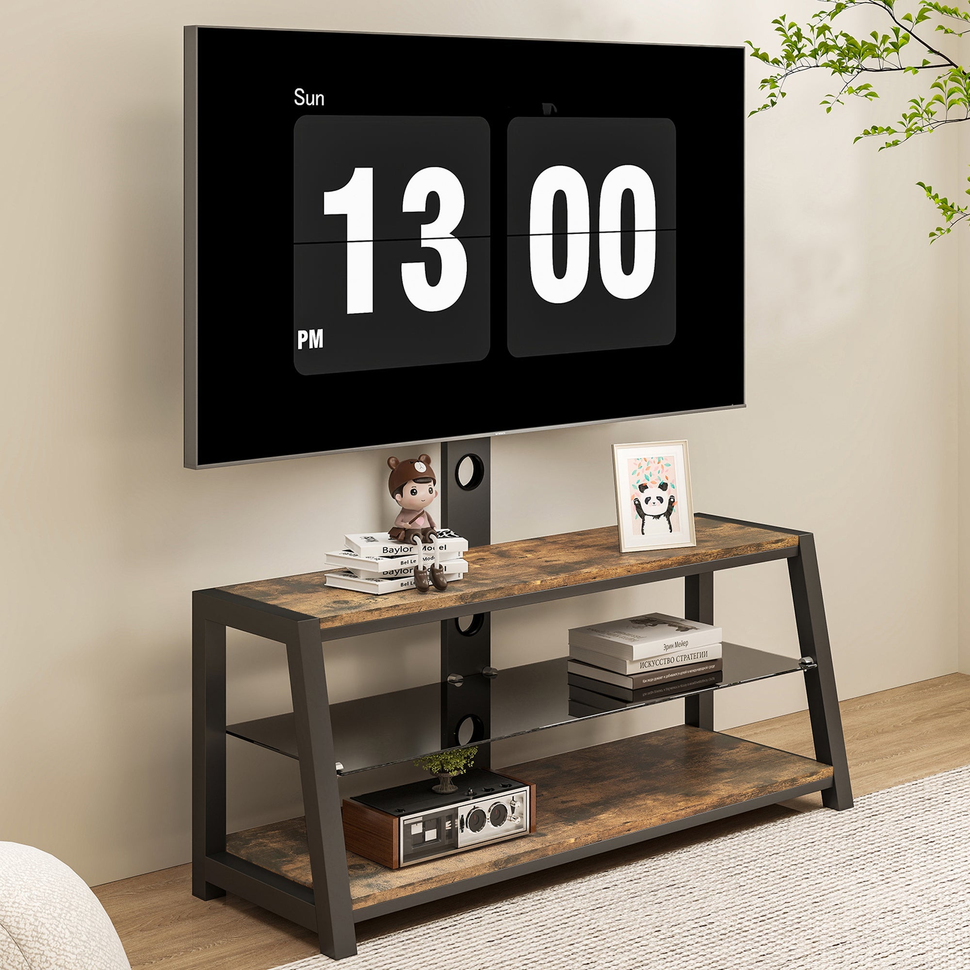 Wooden TV Cabinet Height-Adjustable Swivel Stand Wall Mount Black Tempered Glass Brown