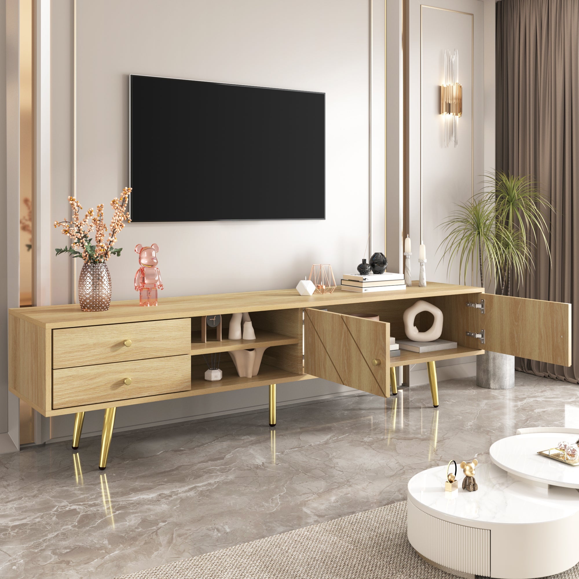 TV Cabinet 160cm, Gold Feet, Two Drawers, Unique Doors