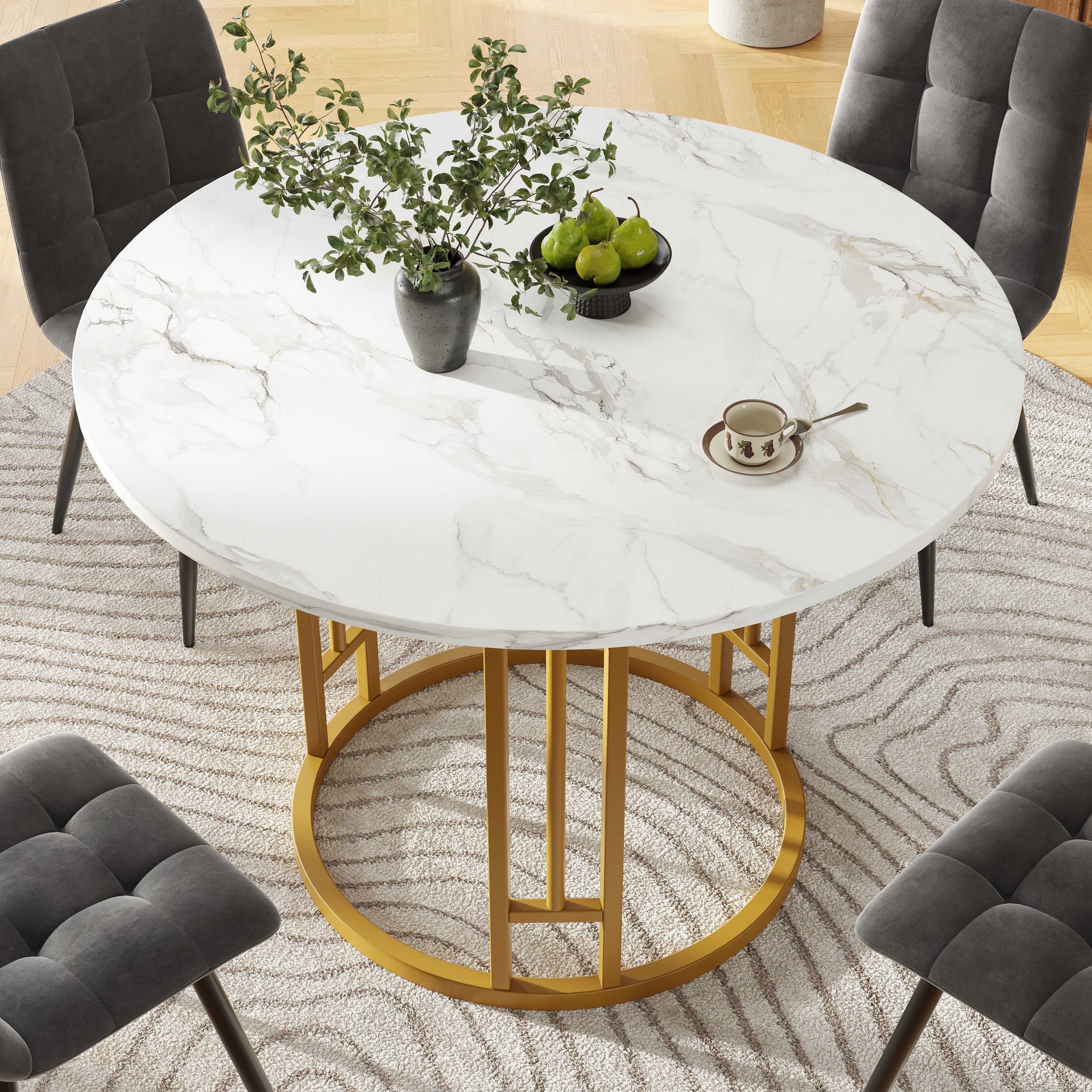 Dining Table Set, 5-Piece Round with 4 Chairs, Gold Metal Legs, Grey MDF Marble