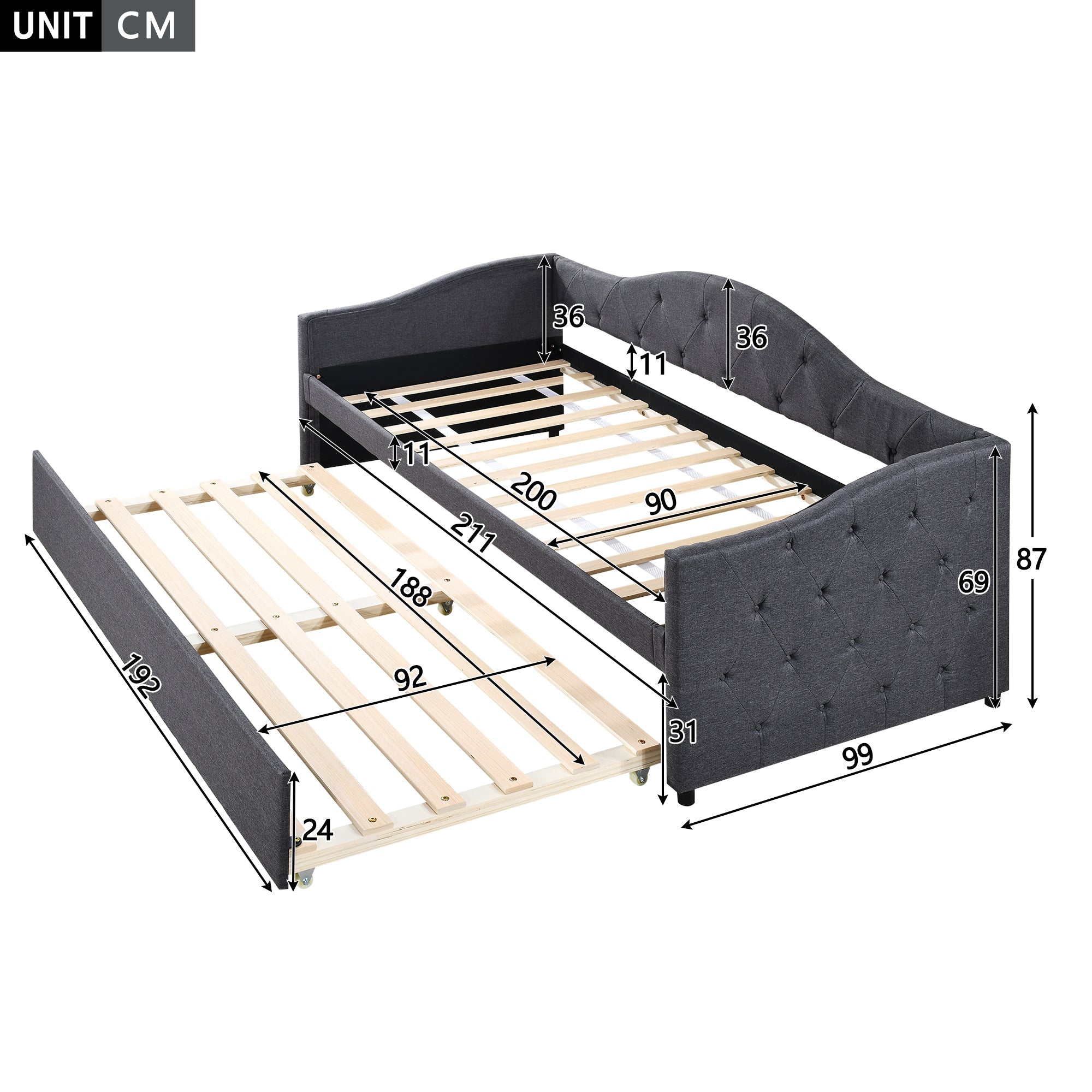 Daybed Sofa Bed 90x200cm Pull-out Bed Minimalist - Linen Grey