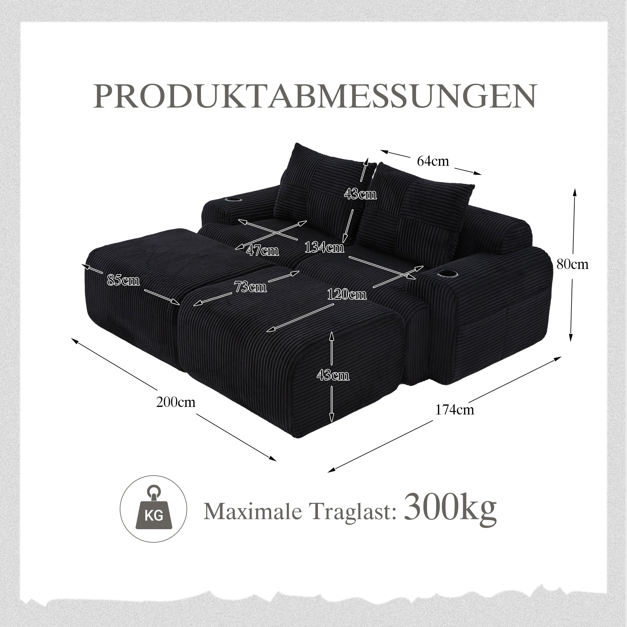 Modular 2-Seater Sofa with 2 Ottomans, Cupholder and Storage Pocket, Black Corduroy