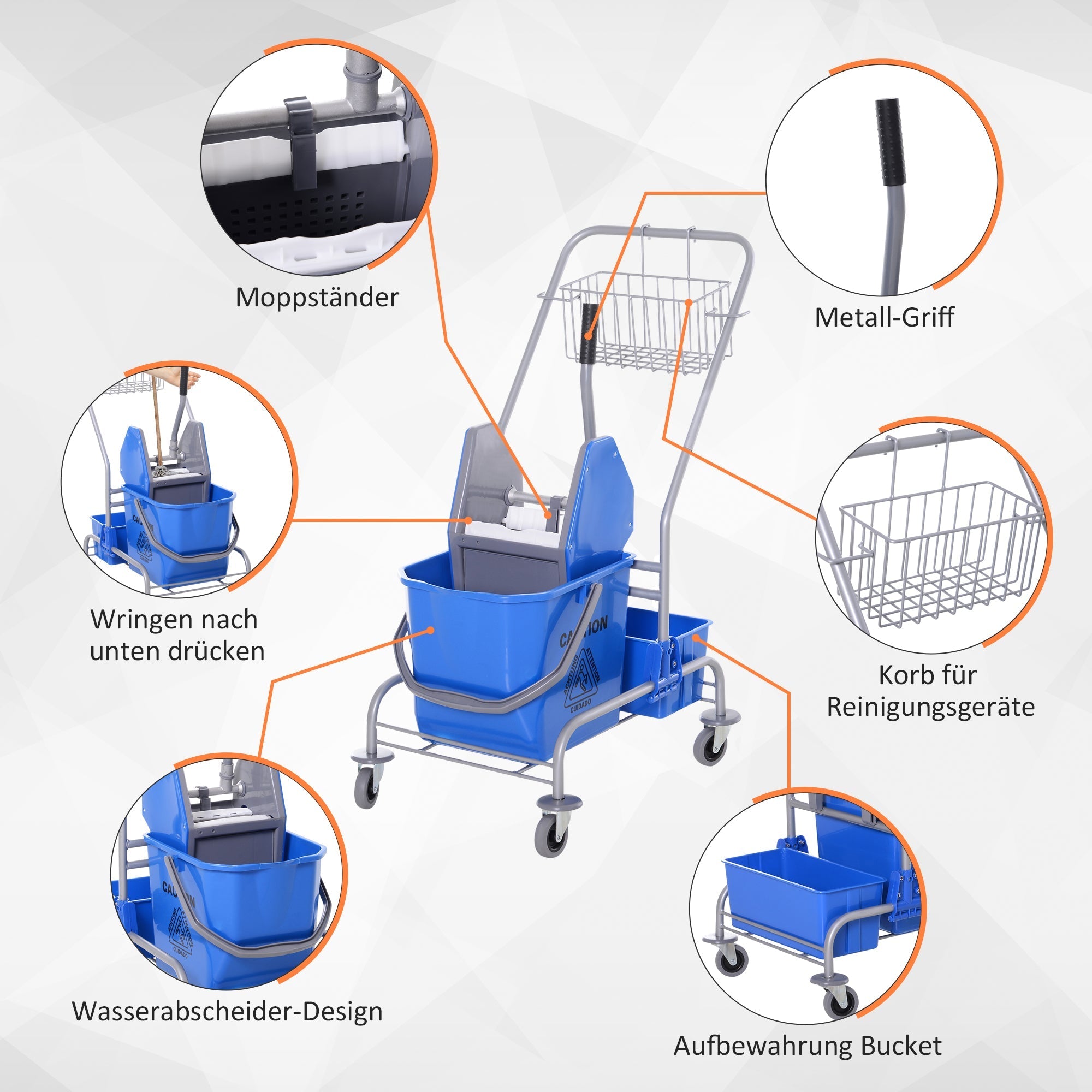 Cleaning Cart Mobile Mop Bucket, 25 Liters with Wringer and 4 Wheels, Blue