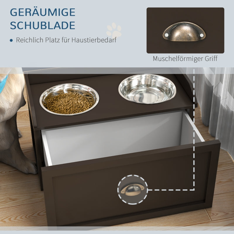 Raised Feeding Station, 2 Bowls 1 Storage, Brown