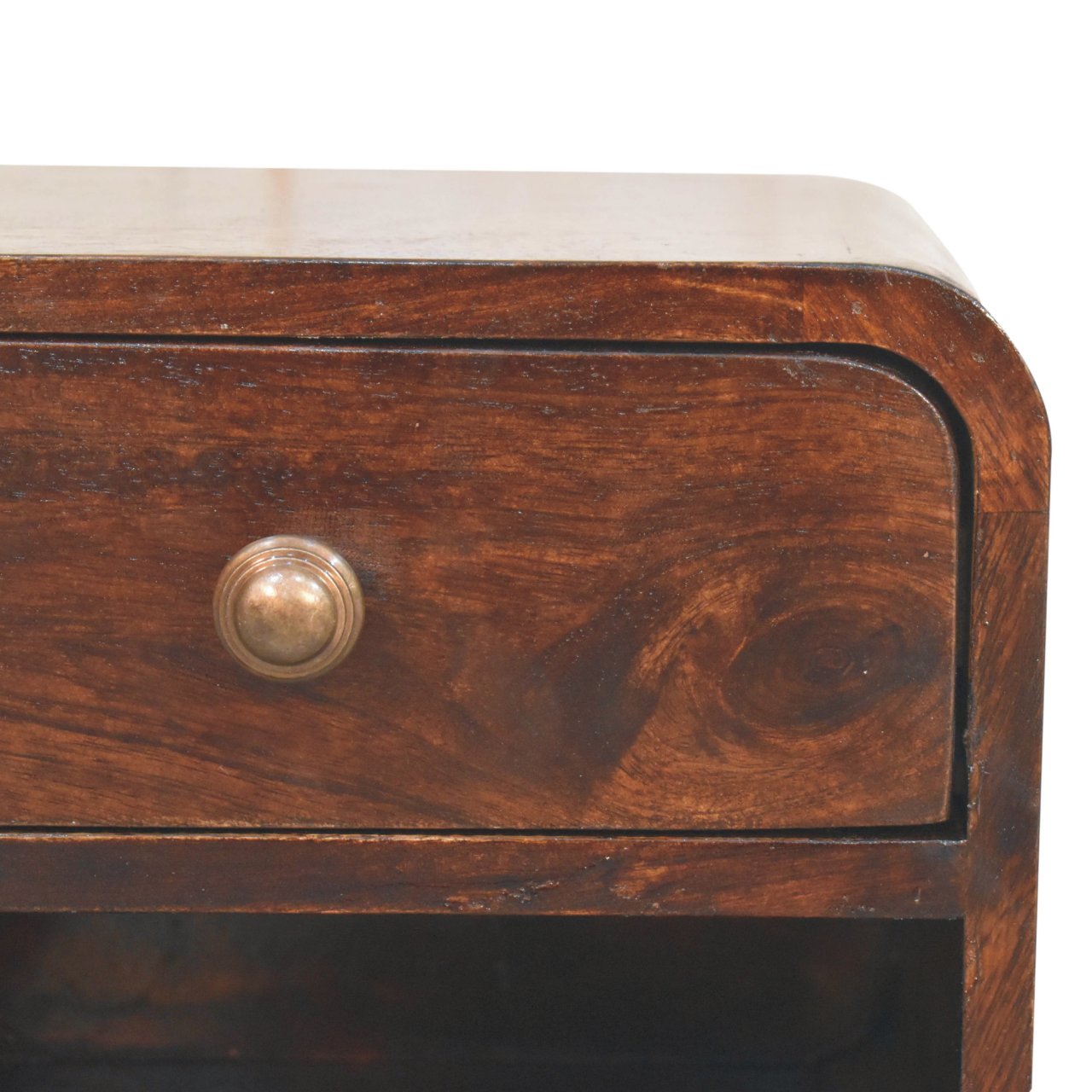 Solid Wood Bedside, Mini Curved Wall Mounted w/ Open Slot & 1 Drawer, Dark Brown