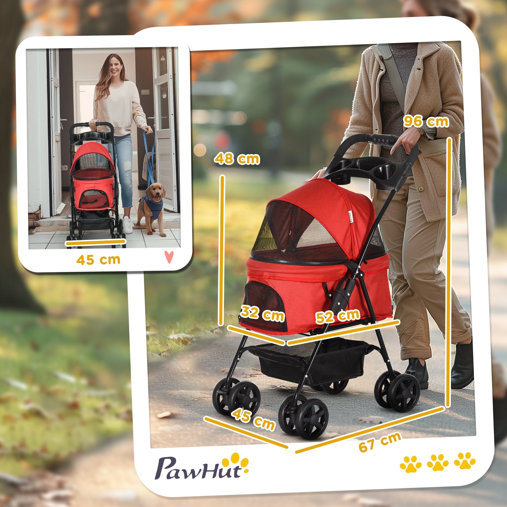 Dog Buggy Foldable Small Dogs & Cats, Oxford Red