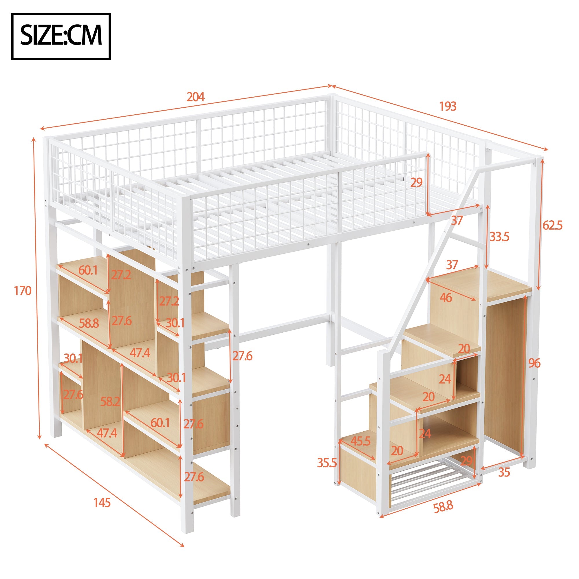 Loft Bed 140x200cm Storage Shelves Stairs - White Metal