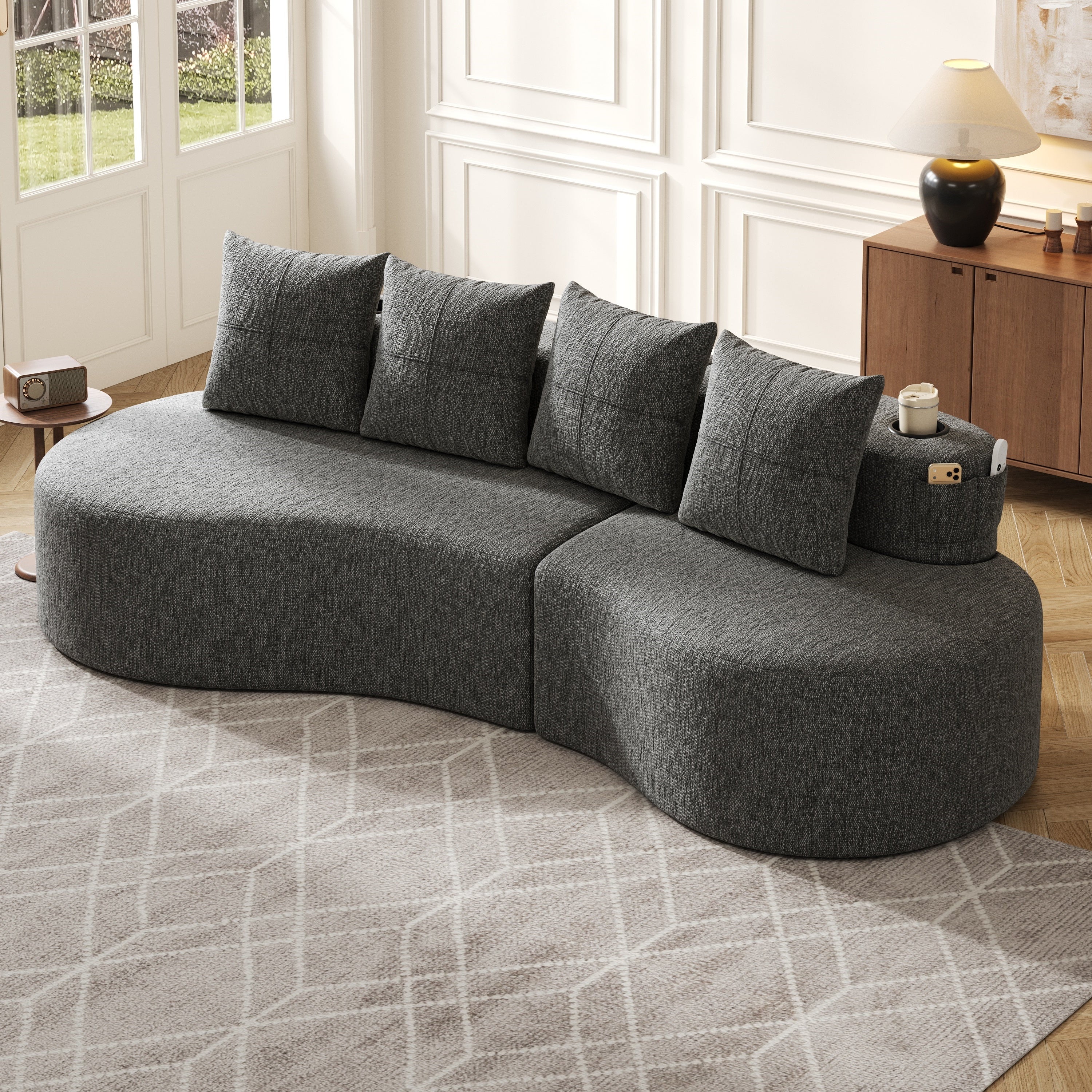 Linen Sofa with 4 Cushions, Cup Holder and Side Pocket, Dark Grey