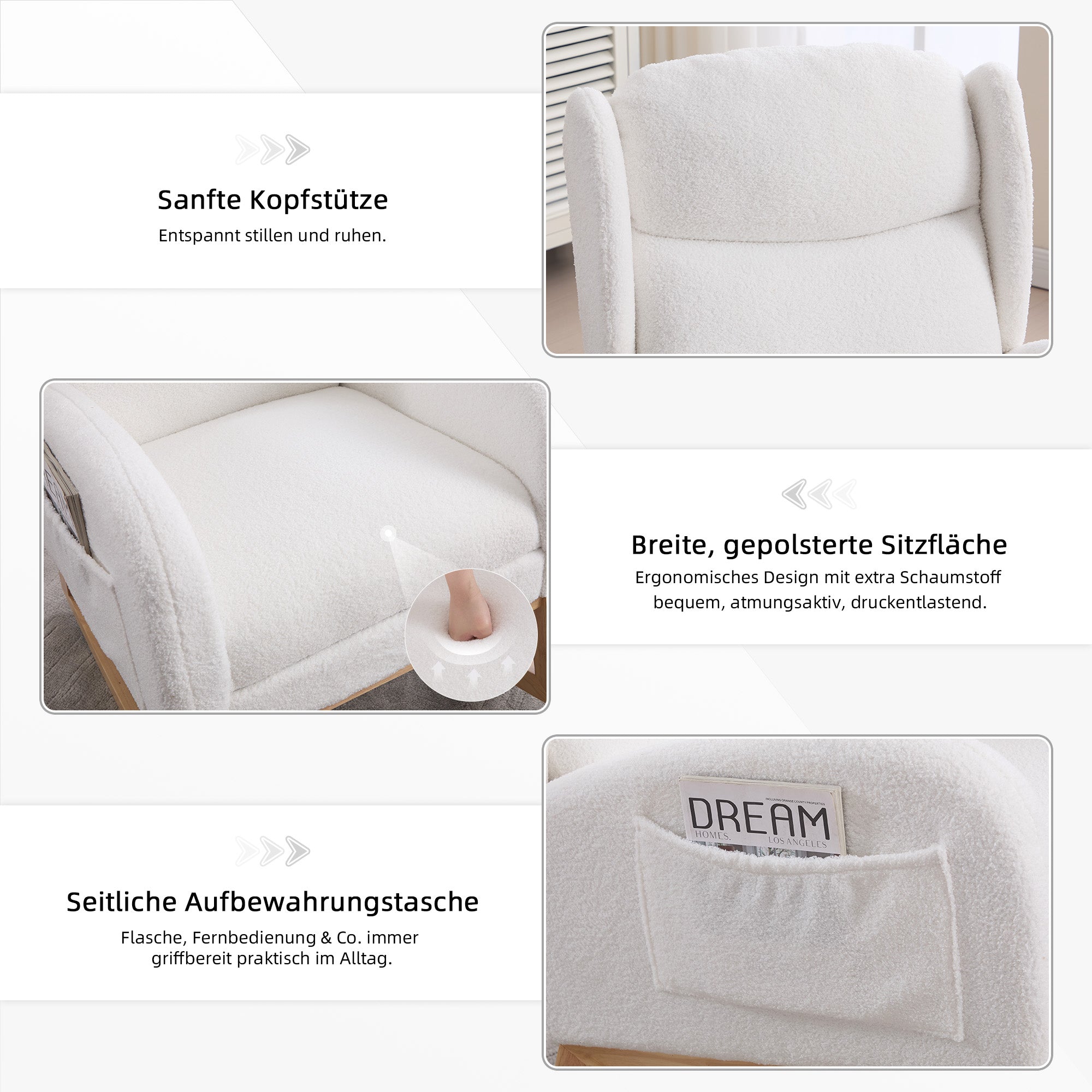 049B Rocking Chair, Nursing Lounge Chair with Adjustable Footrest, Teddy Fabric White
