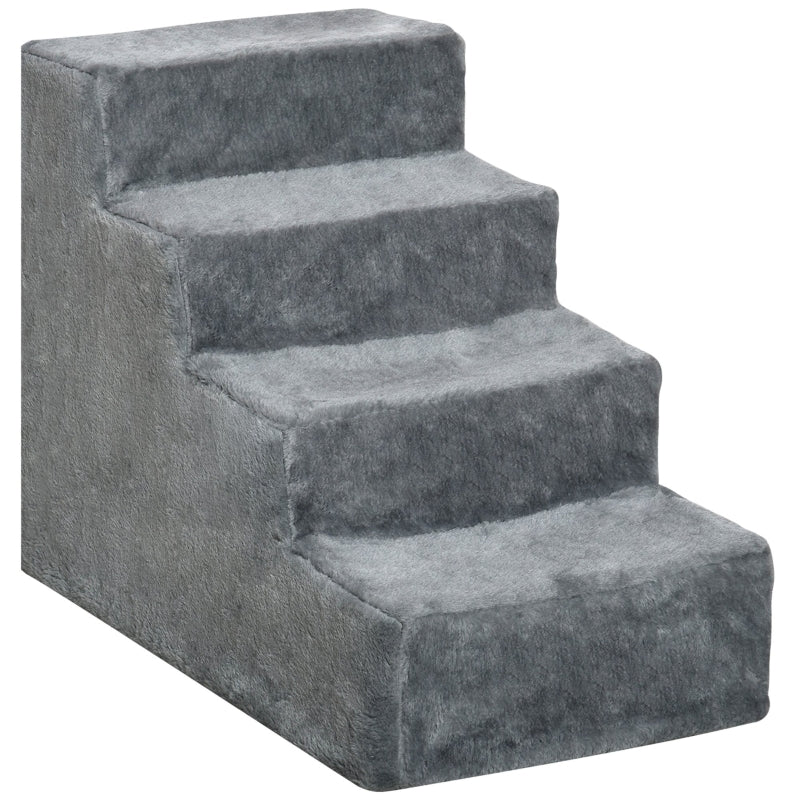 Hundetreppe 4-stufig, Haustiertreppe 35cm, Plüsch-Look, Hellgrau