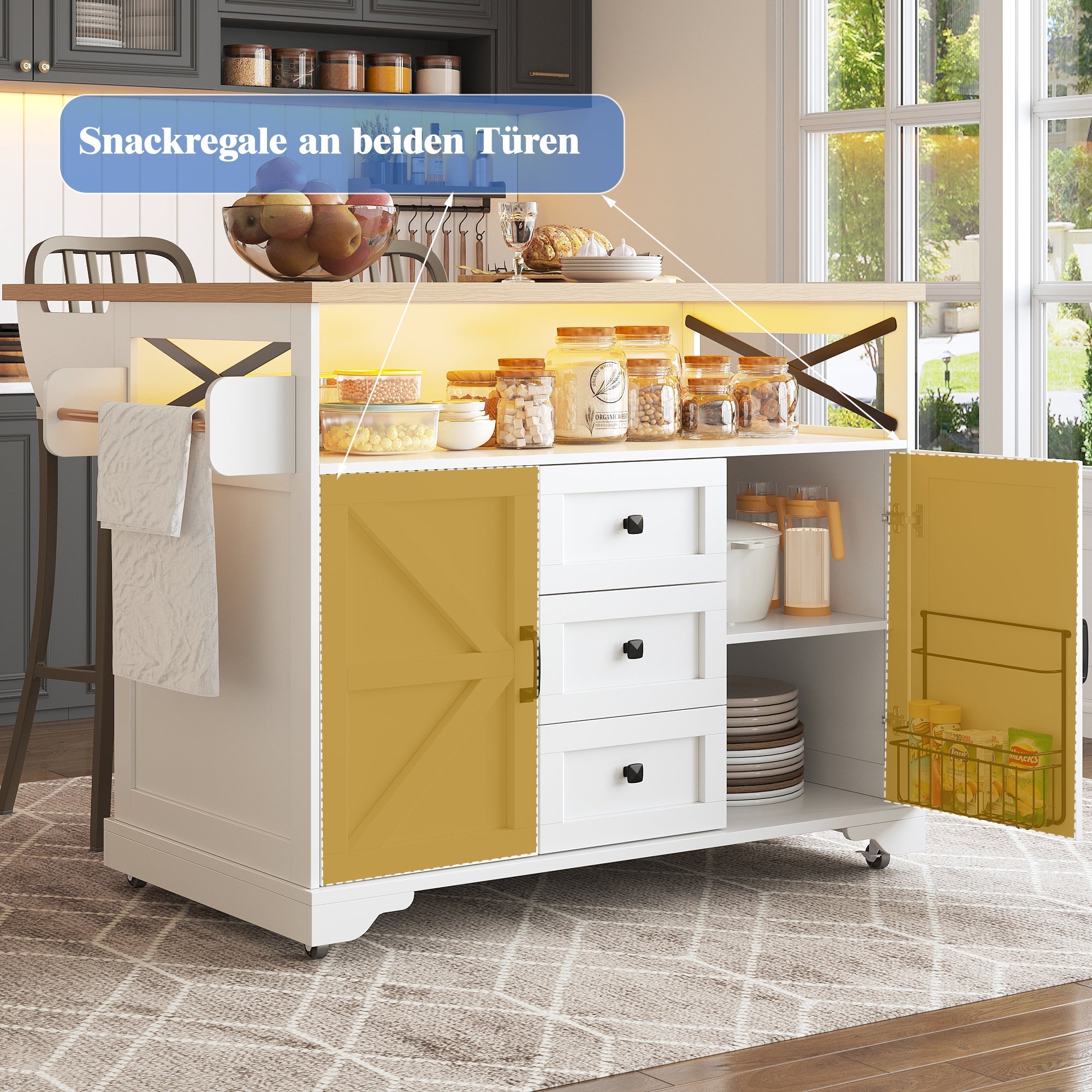 Kitchen Serving Trolley Folding Table LED Storage Cabinet - Mobile Island