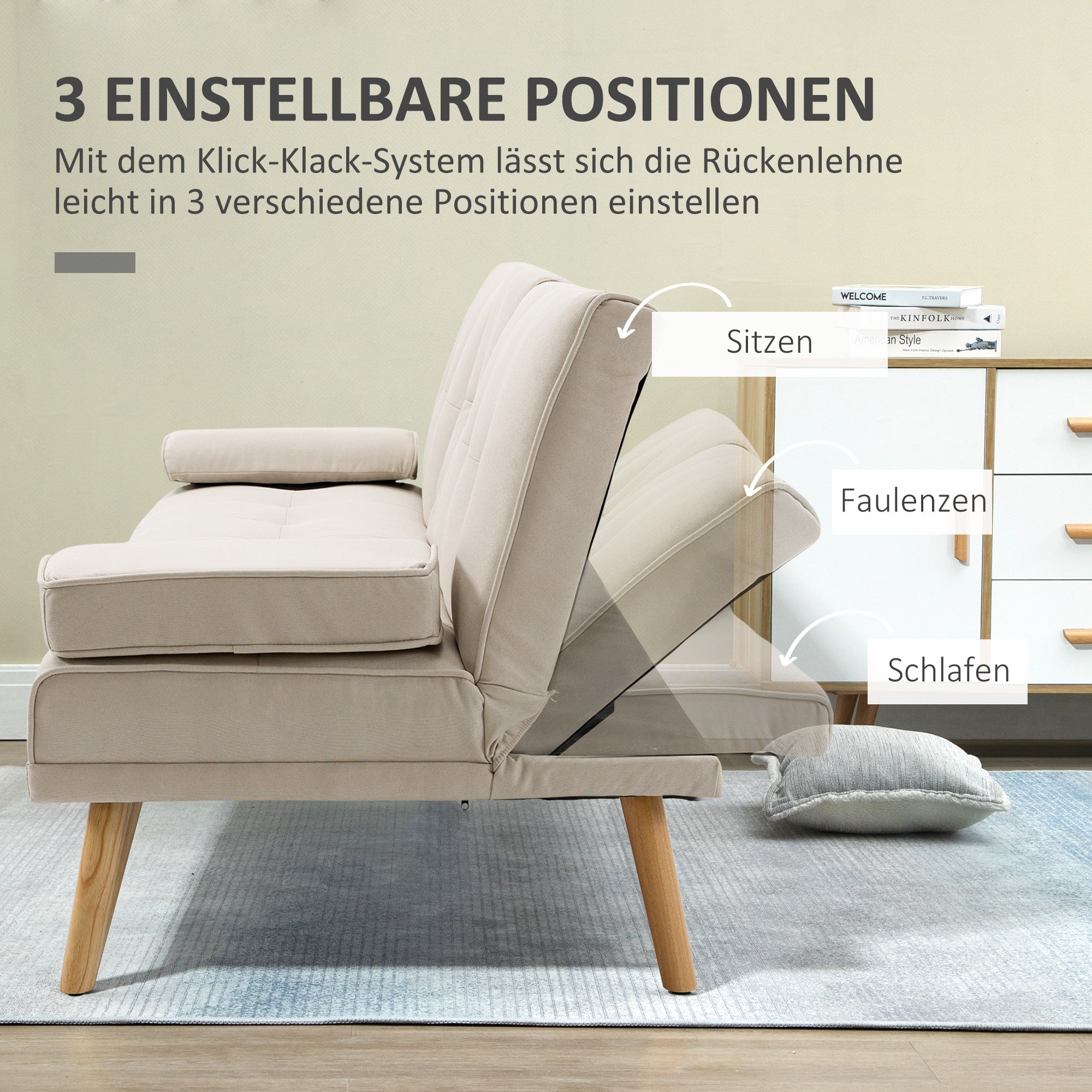 3-Seater Sofa Bed, Fold-Down Table Scandinavian Design 250kg Capacity, Linen Look Fabric