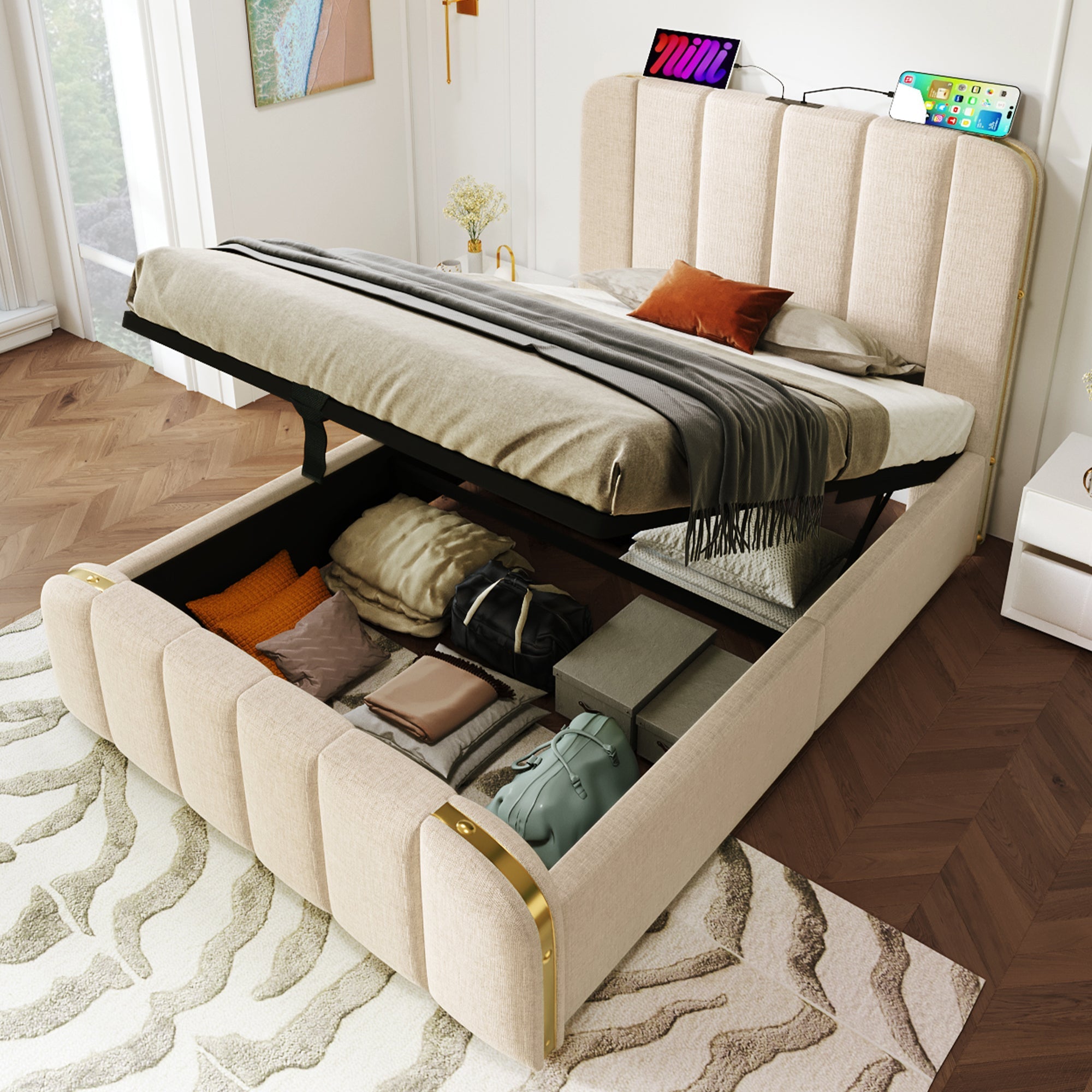 Upholstered Single Bed, Hydraulic Storage with USB Type-C, Beige Linen