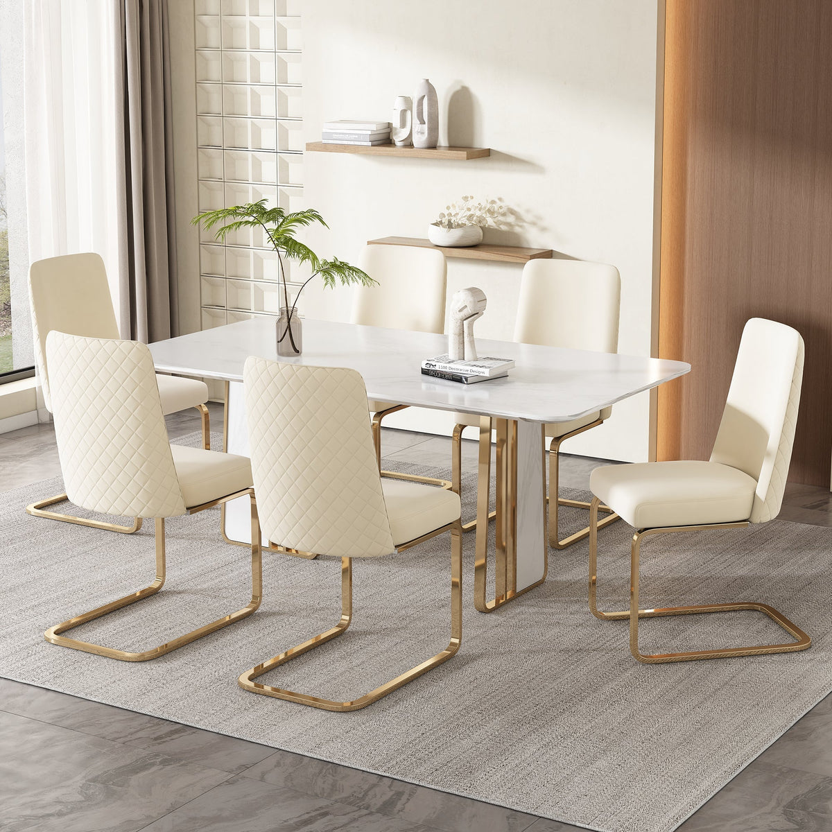 Velvet Dining Chair Set of 2 Diamond Back Gold Legs - Beige