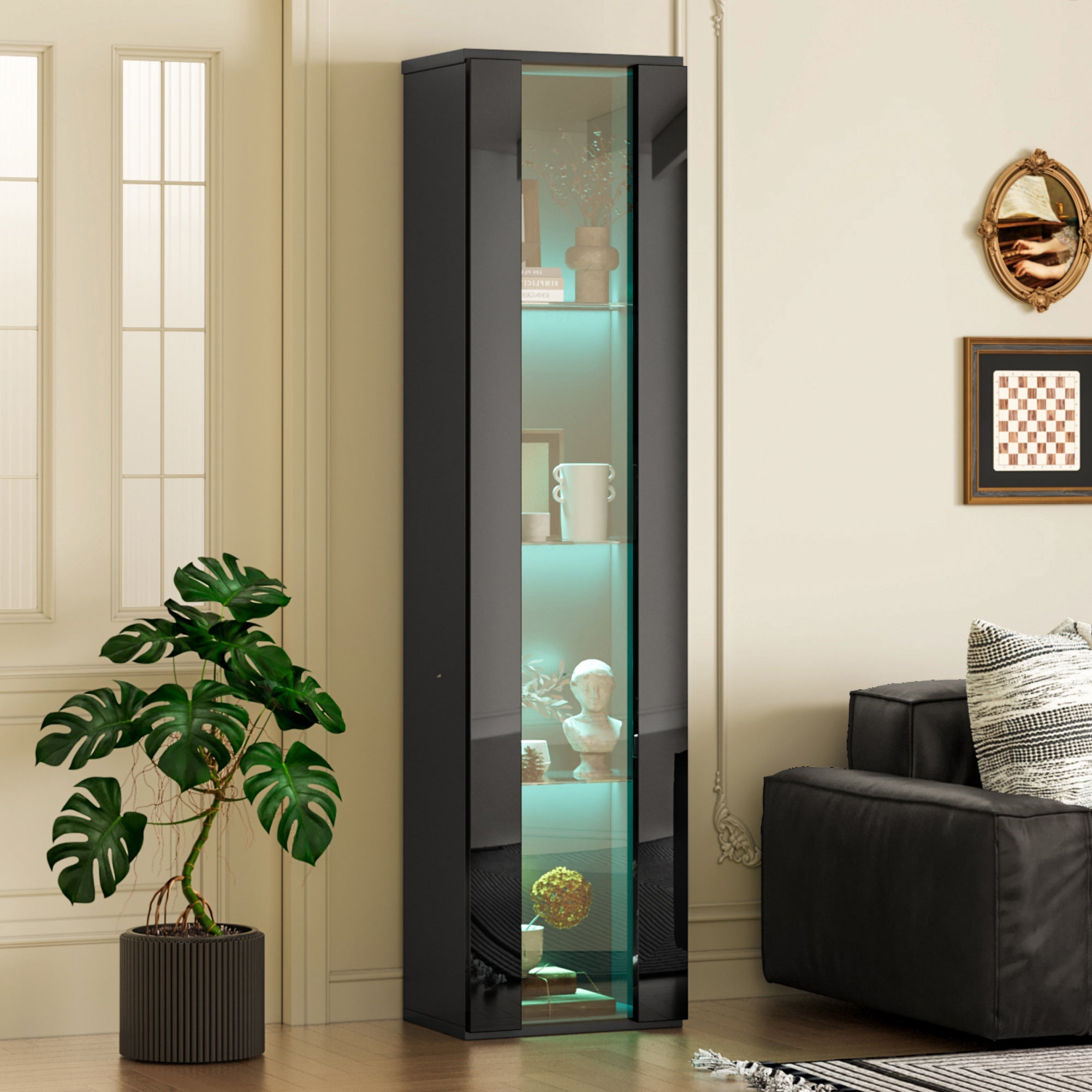 Display Case 40x29x170cm LED Light App Control Glass Partition - Black